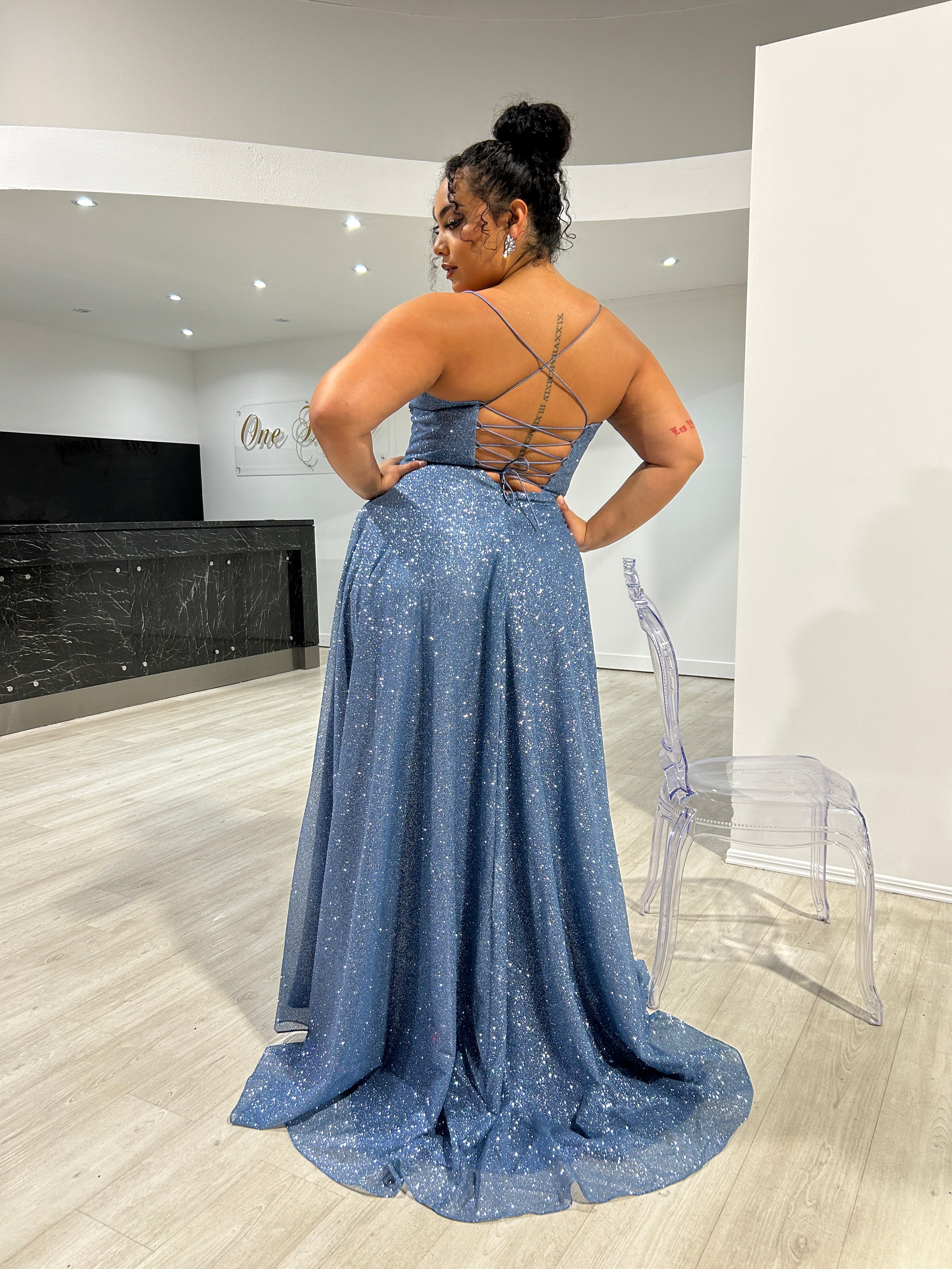 Honey Couture DREYA Curve Smokey Blue Glitter Ball Gown Formal Dress