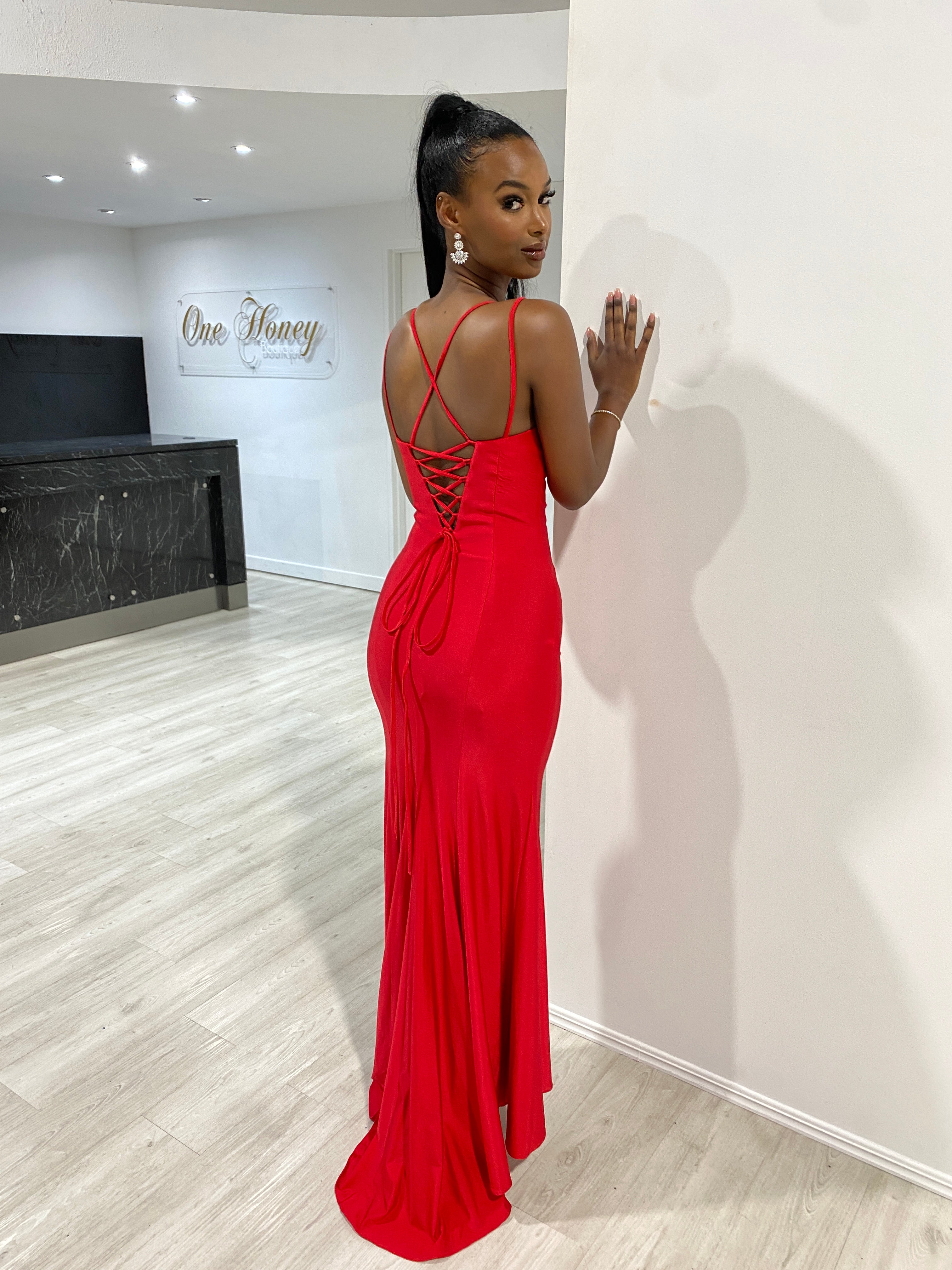 Honey Couture ORINA Red Diamante V Front Leg Split Formal Dress