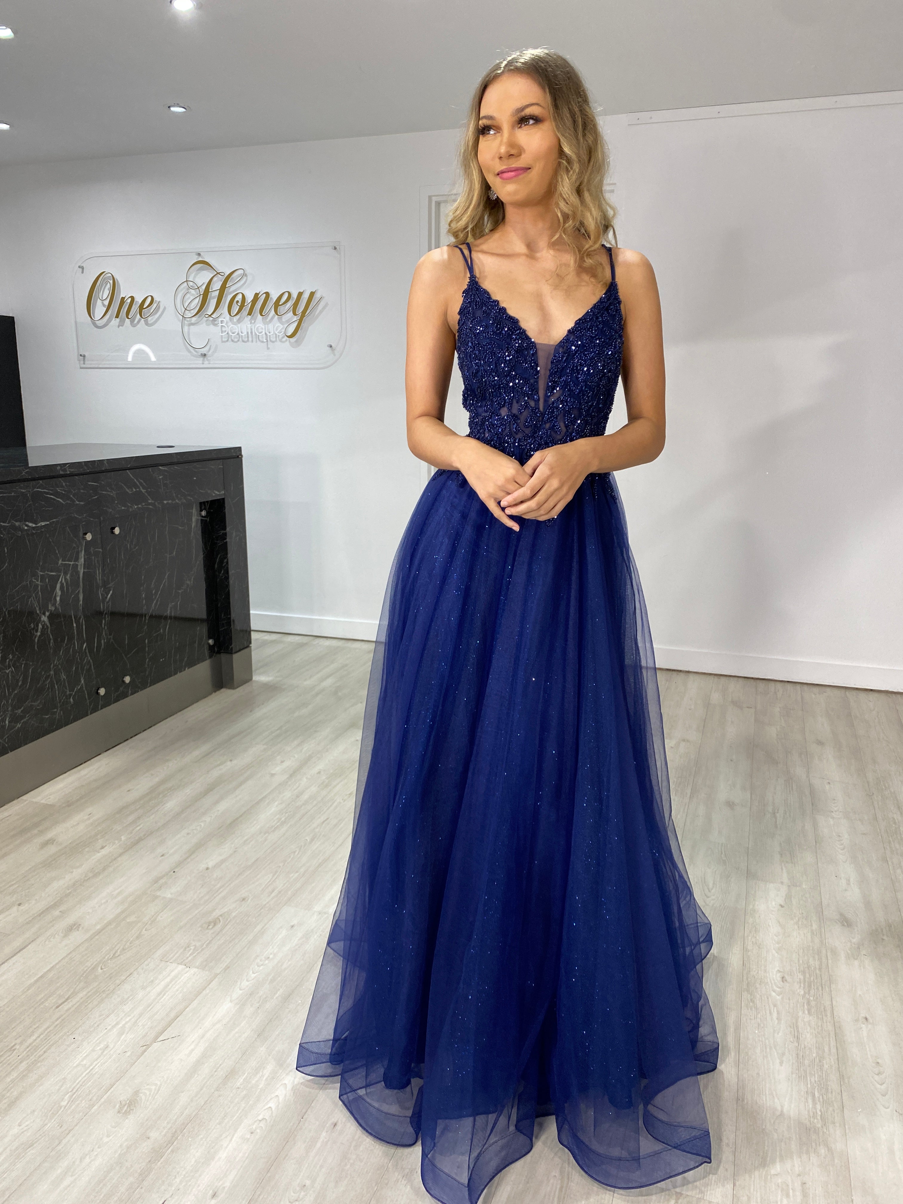 Honey Couture REAGAN Blue Beaded Crystal Tulle Ball Gown Formal Dress