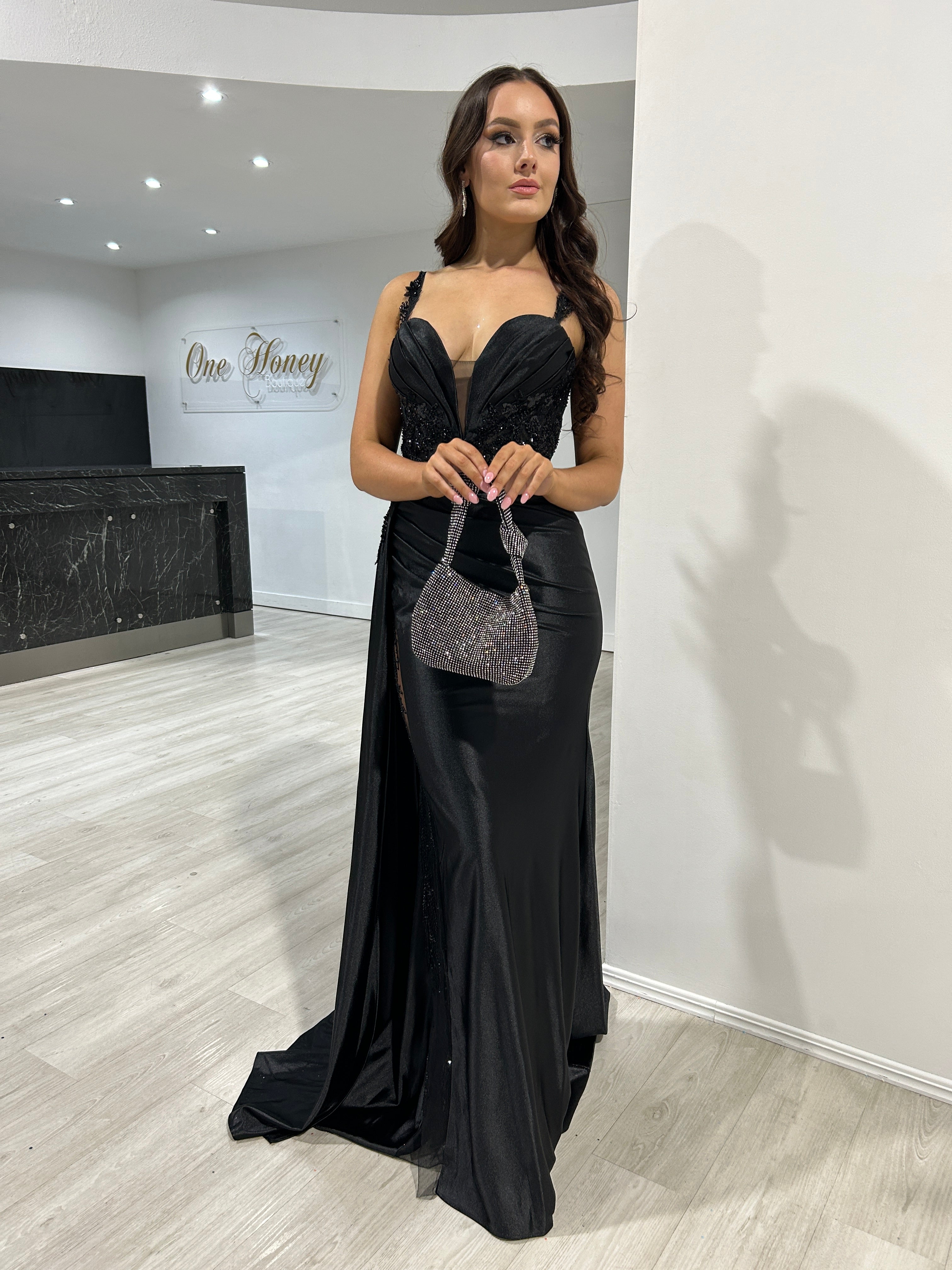 Honey Couture ANTONIA Black Embellished Corset Satin Mermaid Formal Dress
