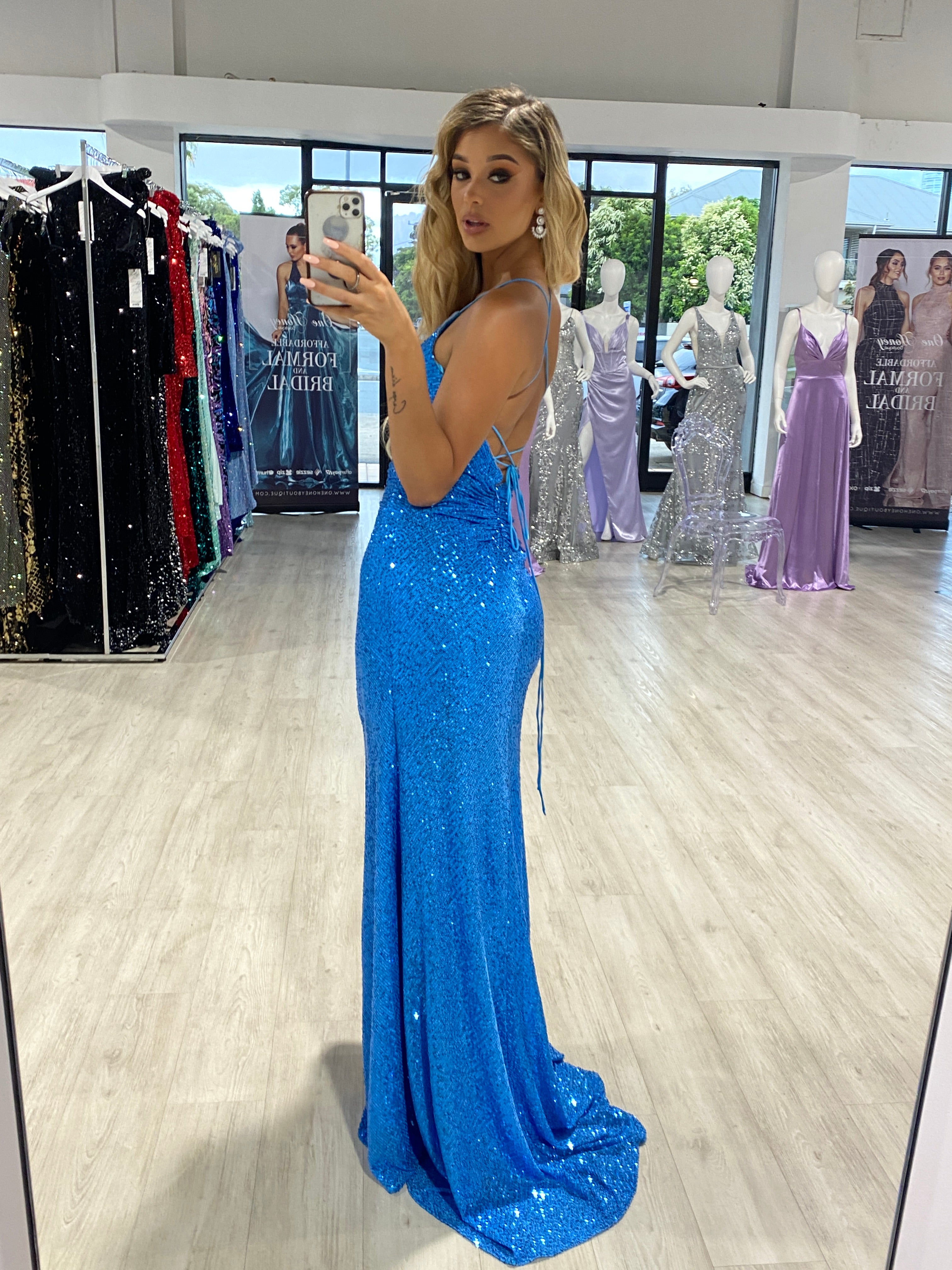 Honey Couture MARILYN Ocean Blue Sequin Corset Lace Up Formal Dress