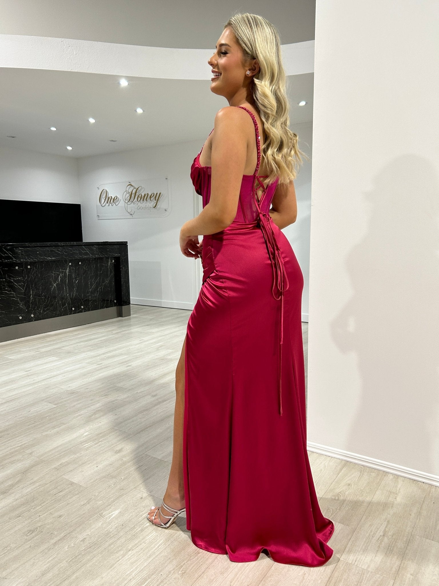 Honey Couture KAT Satin Beaded Detail Corset Bustier Formal Dress in Australia | One Honey Boutique