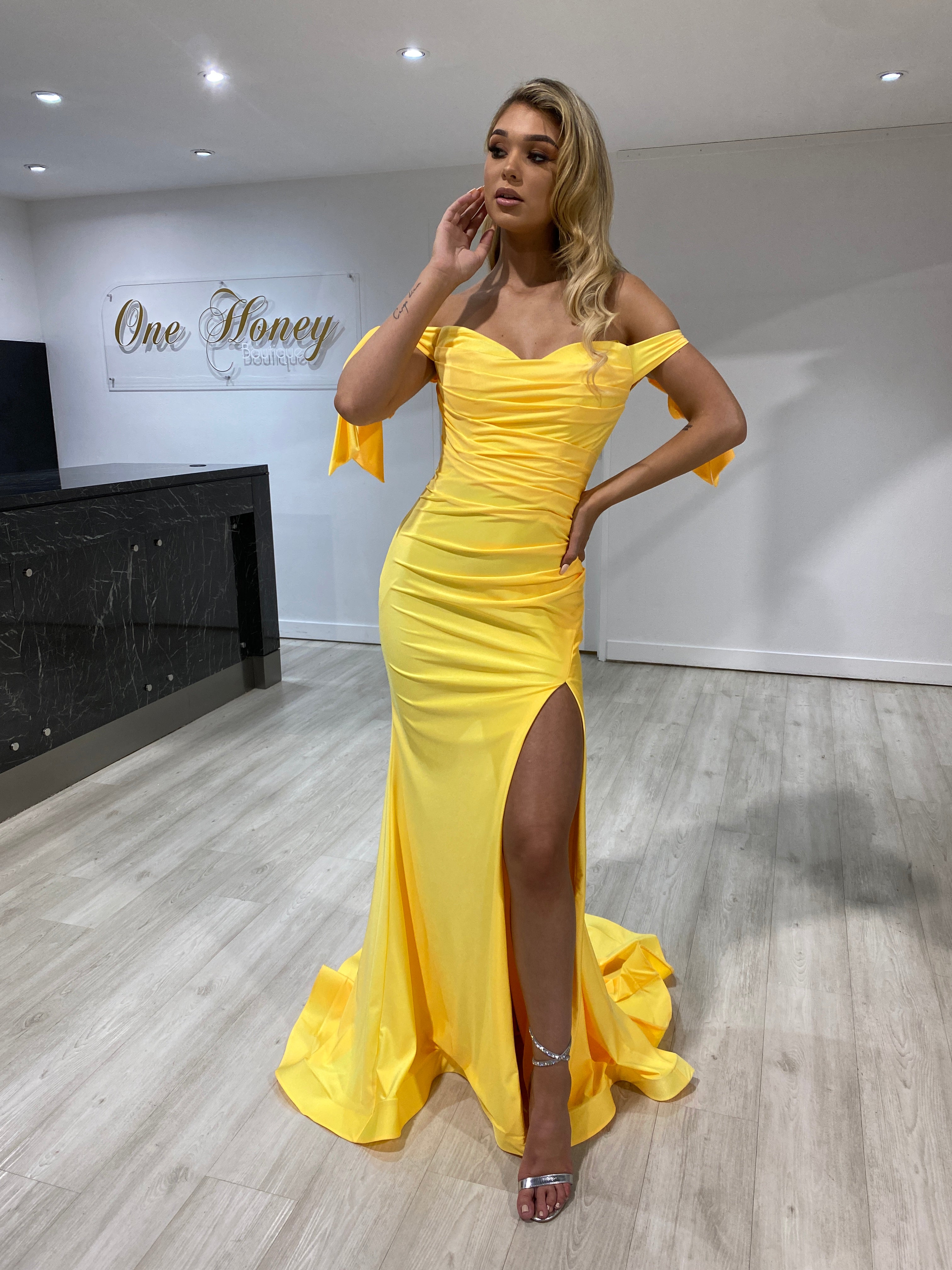 Honey Couture BELLE Yellow Off Shoulder Mermaid Formal Dress