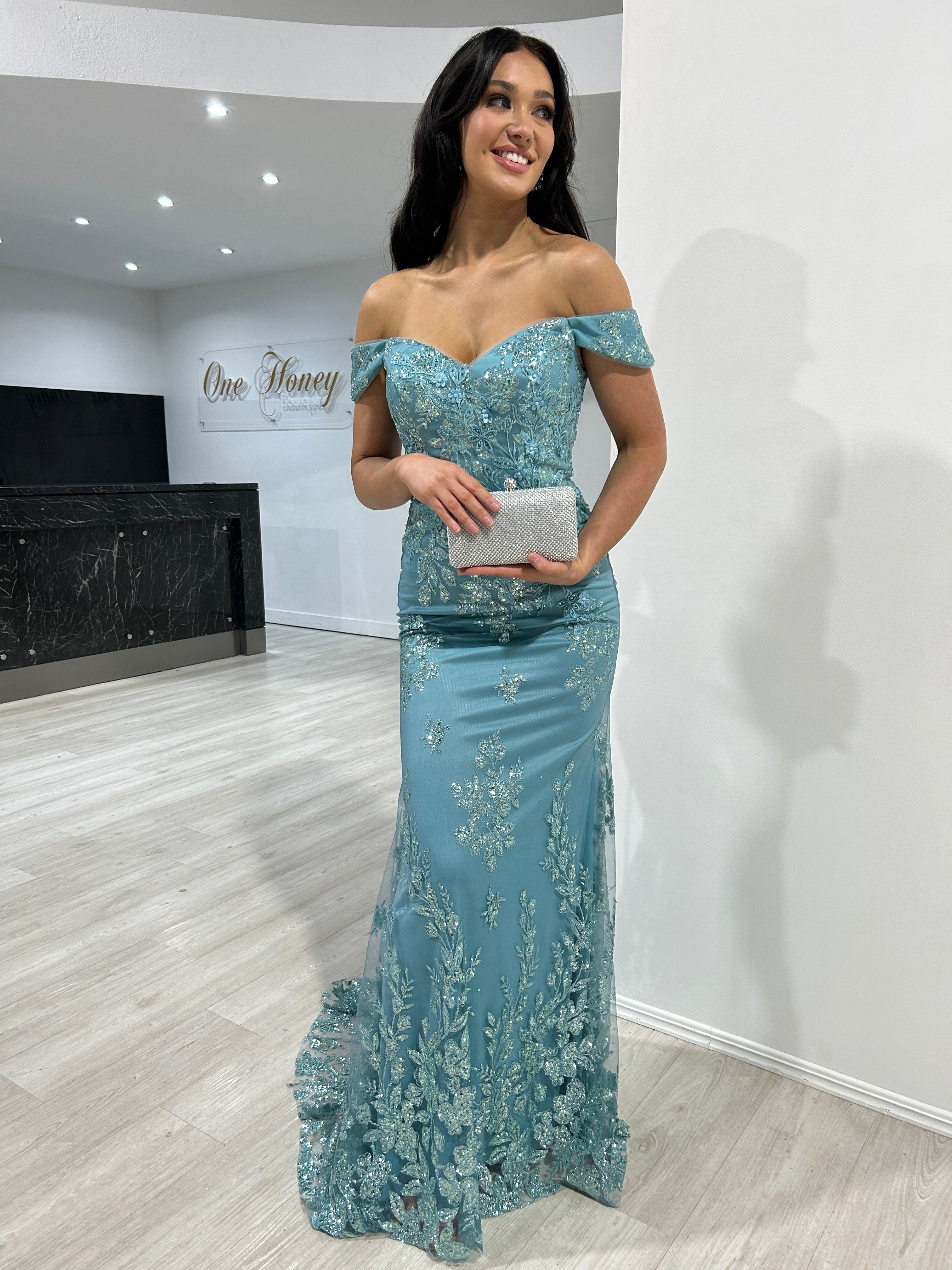 Honey Couture ELIZA Robin Blue Off Shoulder Glitter Shimmer Formal Dress