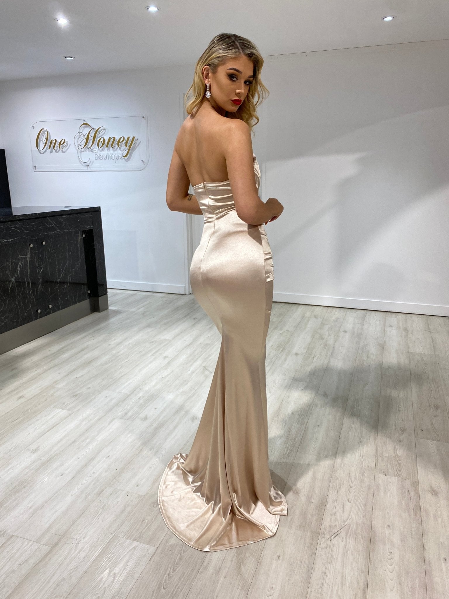 Honey Couture AZALIA Gold Silky Bustier Strapless Mermaid Formal Dress in Australia | One Honey Boutique