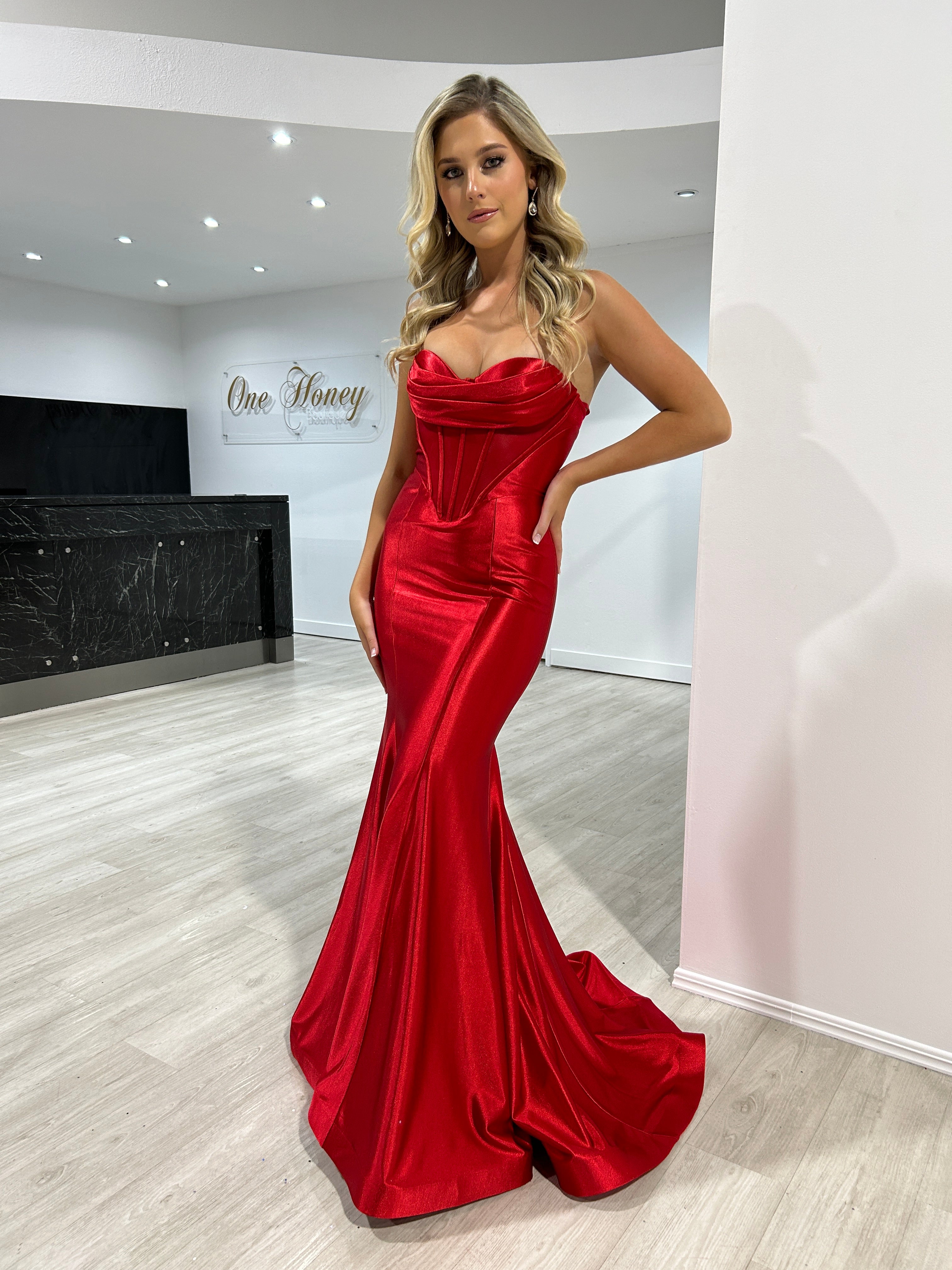 Honey Couture FUTURA Red Strapless Satin Corset Bustier Formal Dress