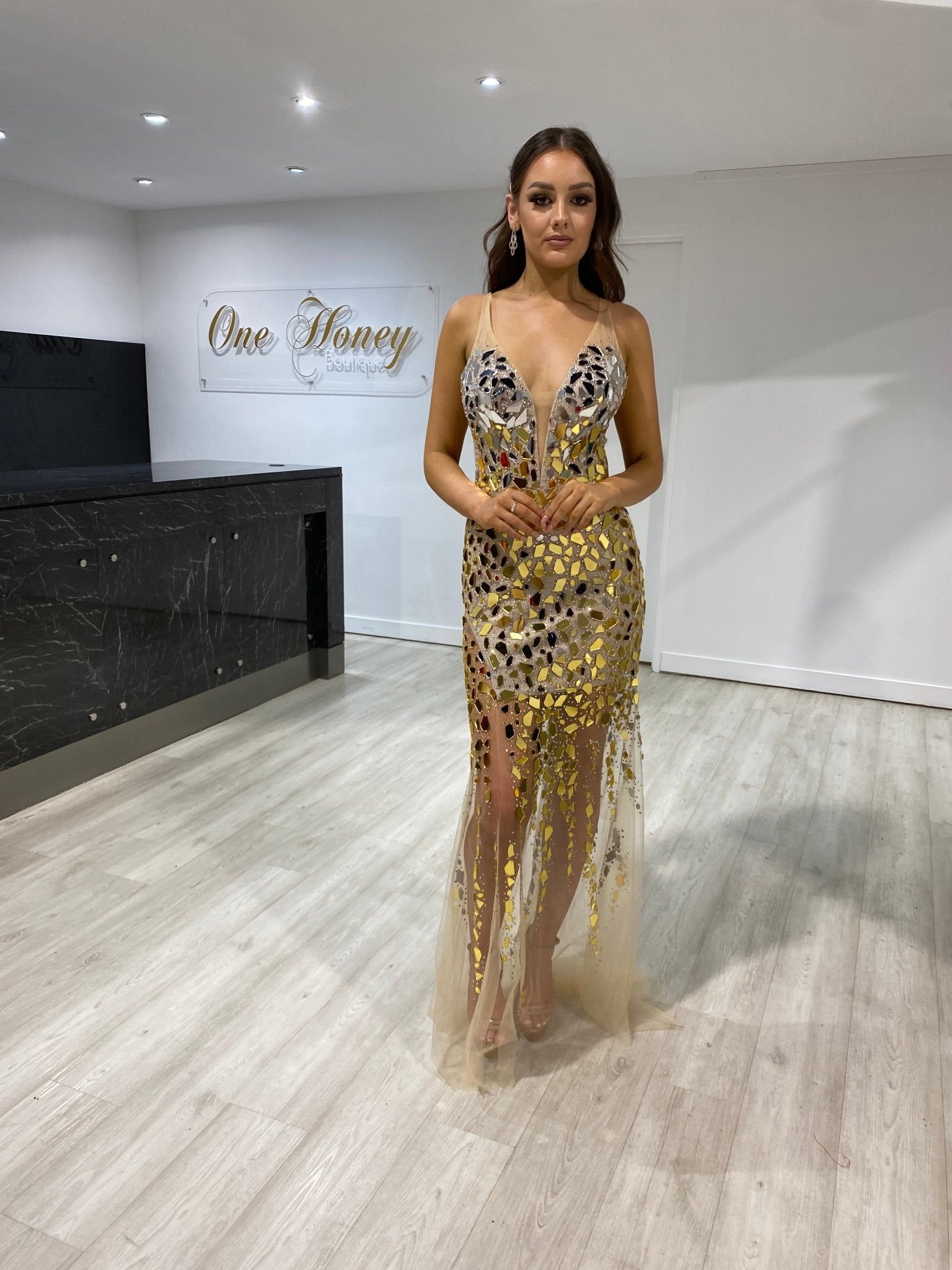 Honey Couture SAPPHIRE Mirror Mesh Formal Gown Dress in Australia | One Honey Boutique
