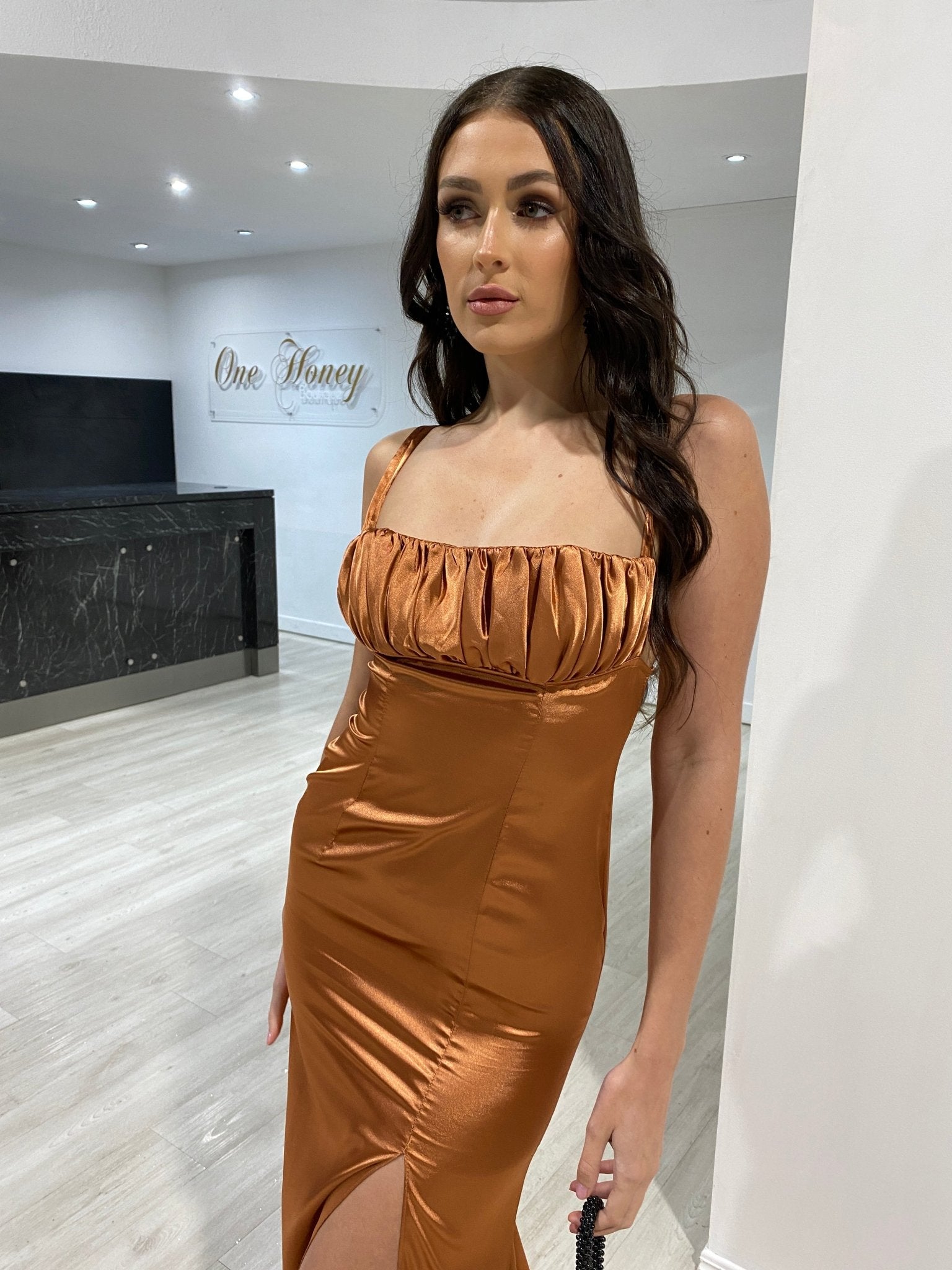 JENNA Silky Tie Back Semi Formal Prom Dress in Australia | One Honey Boutique