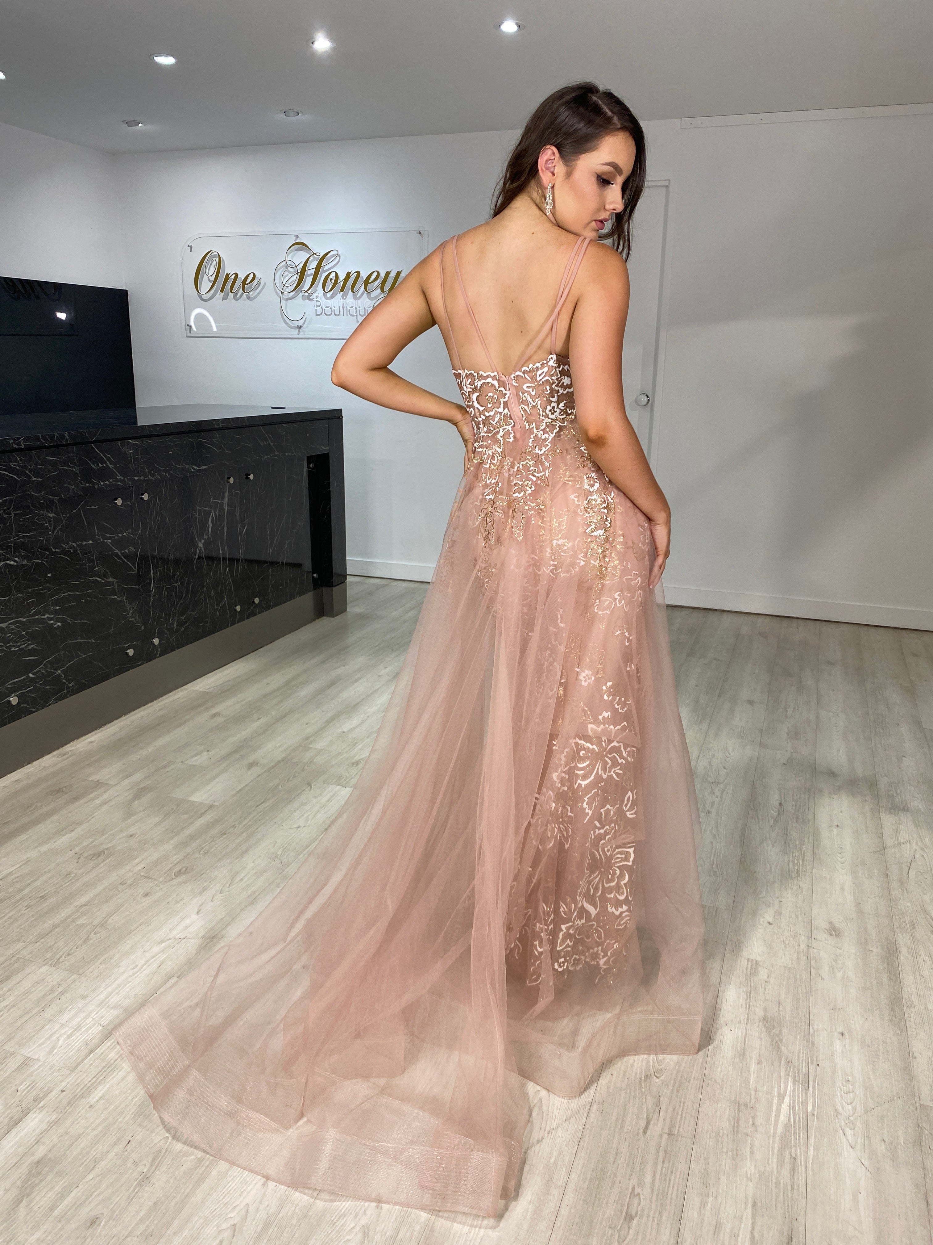 Honey Couture MADELINE Rose Gold Glitter Tulle Overlay Formal Gown Dress