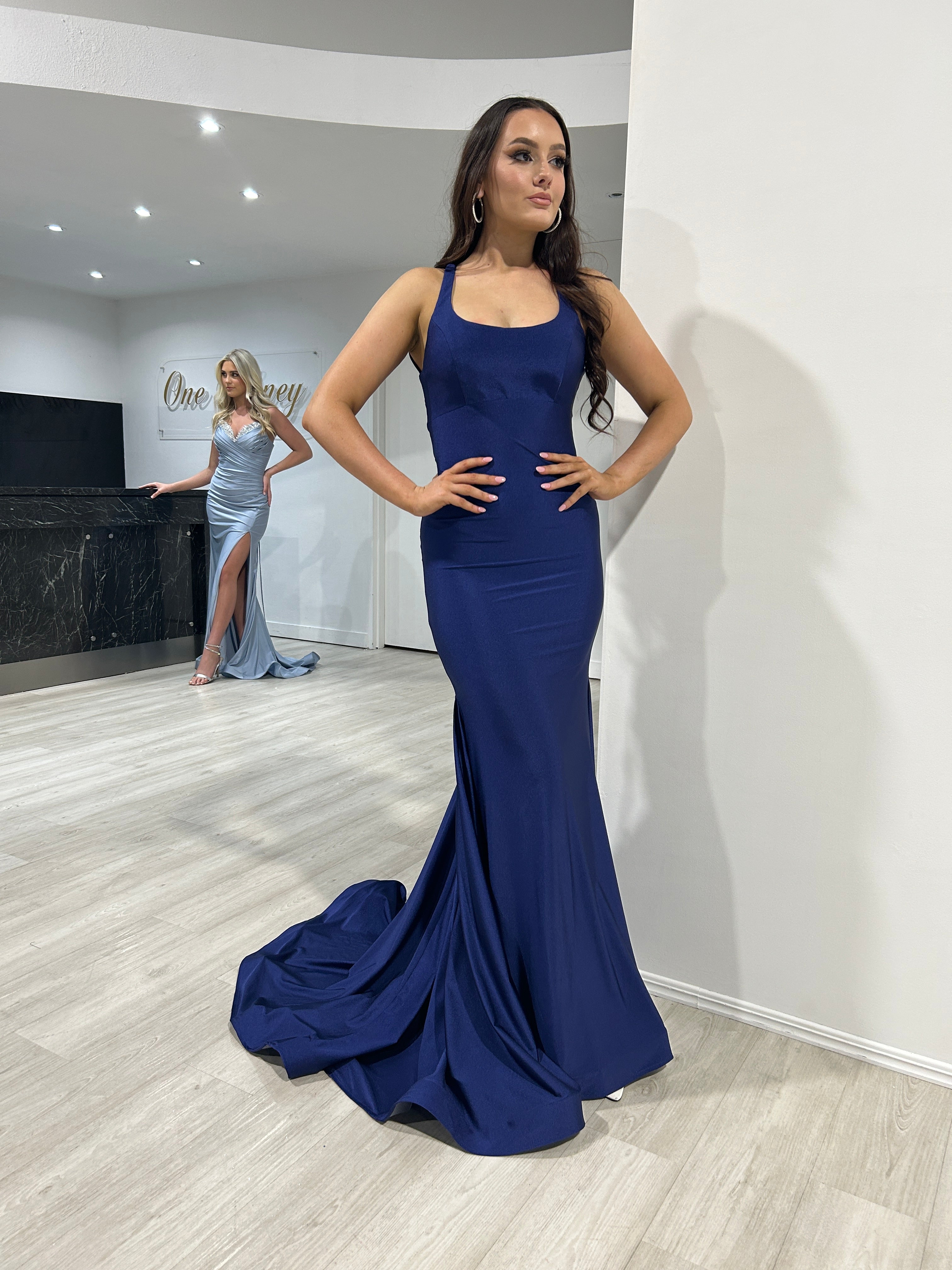 Honey Couture JAYLA Navy Lace Up Back Mermaid Formal Gown