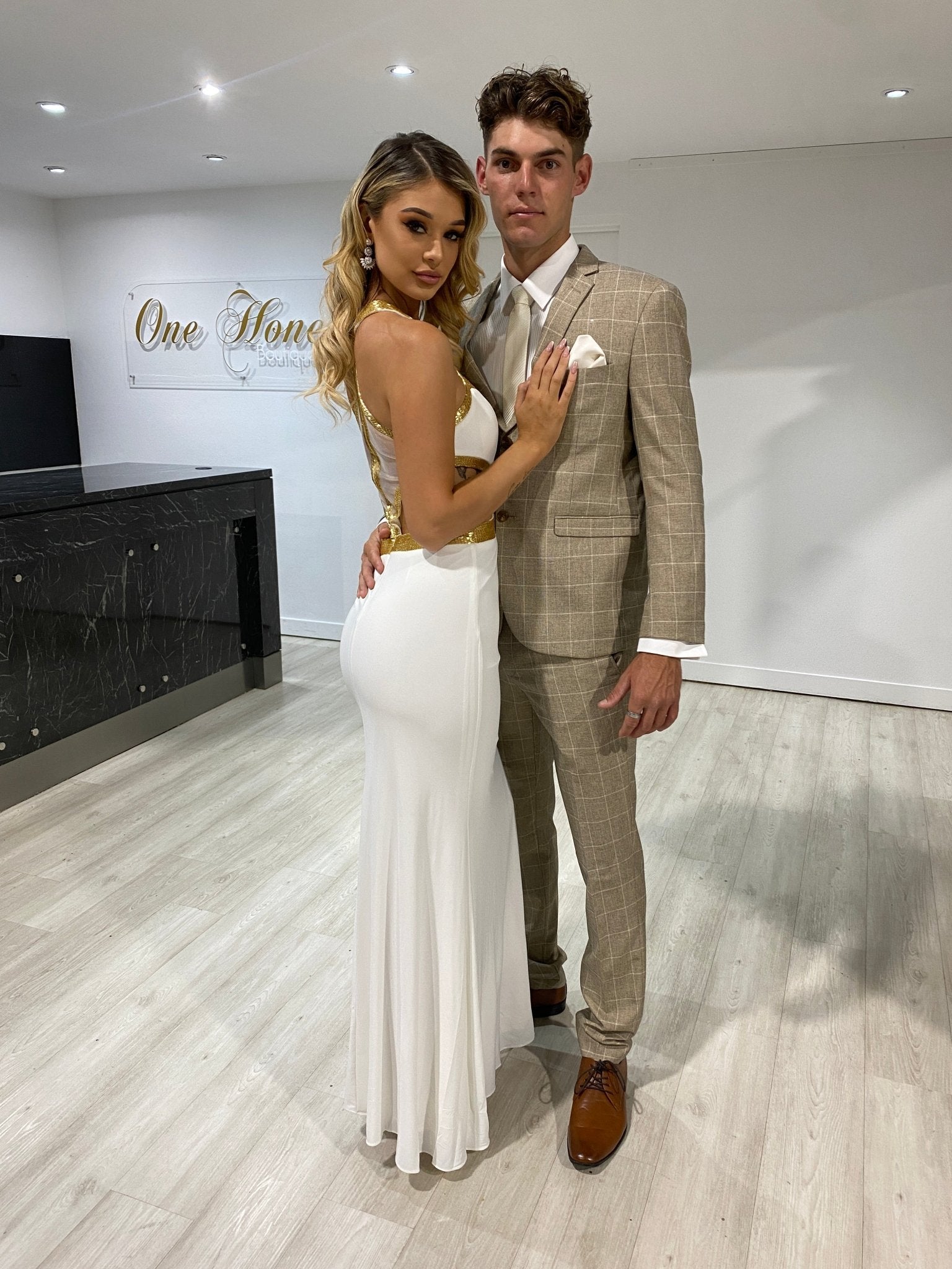 Honey Couture CLEO White & Gold Beaded Formal Gown in Australia | One Honey Boutique