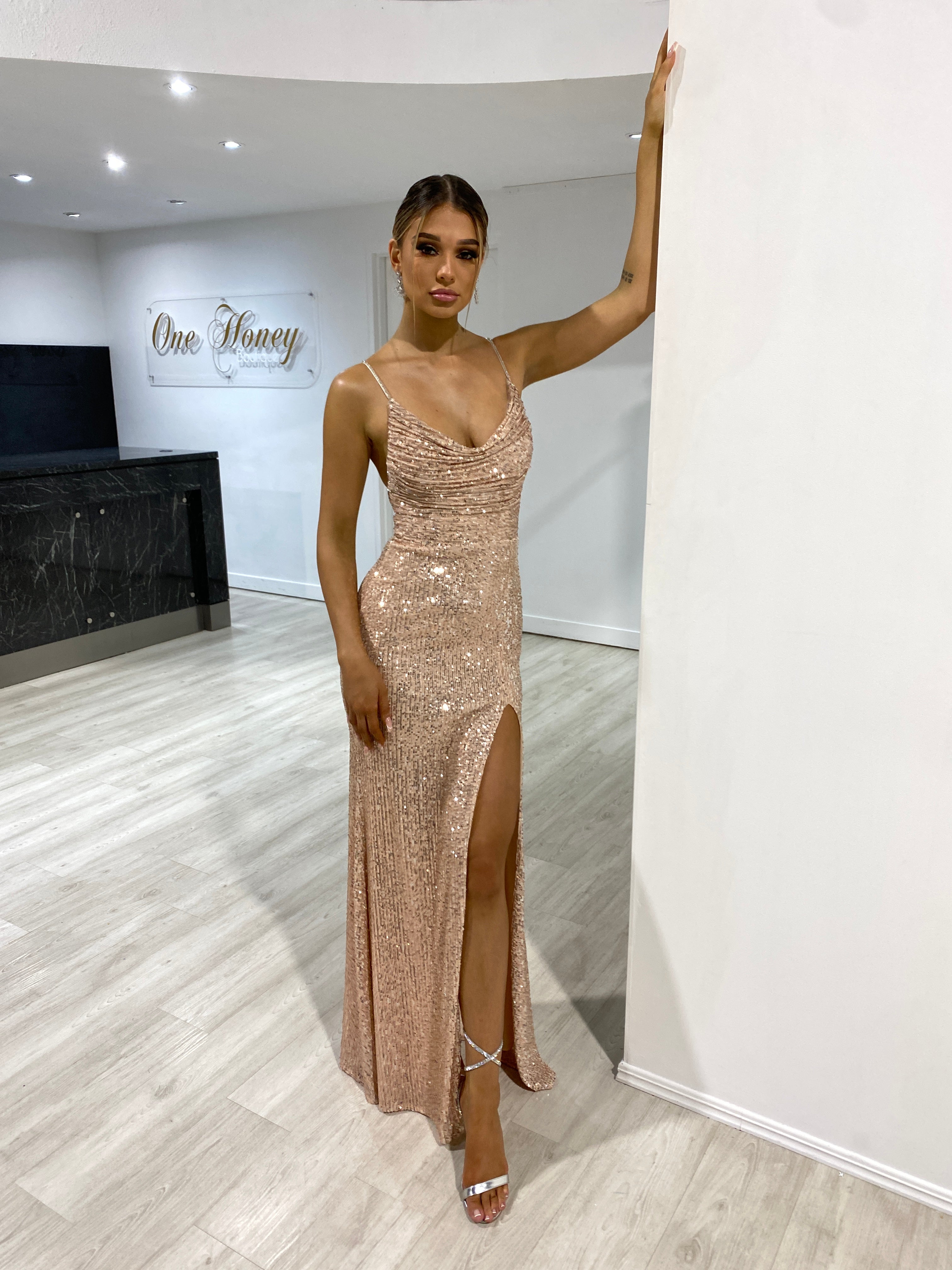 Honey Couture CELESTE Rose Gold Diamante Strap Sequin Lace Up Formal Dress