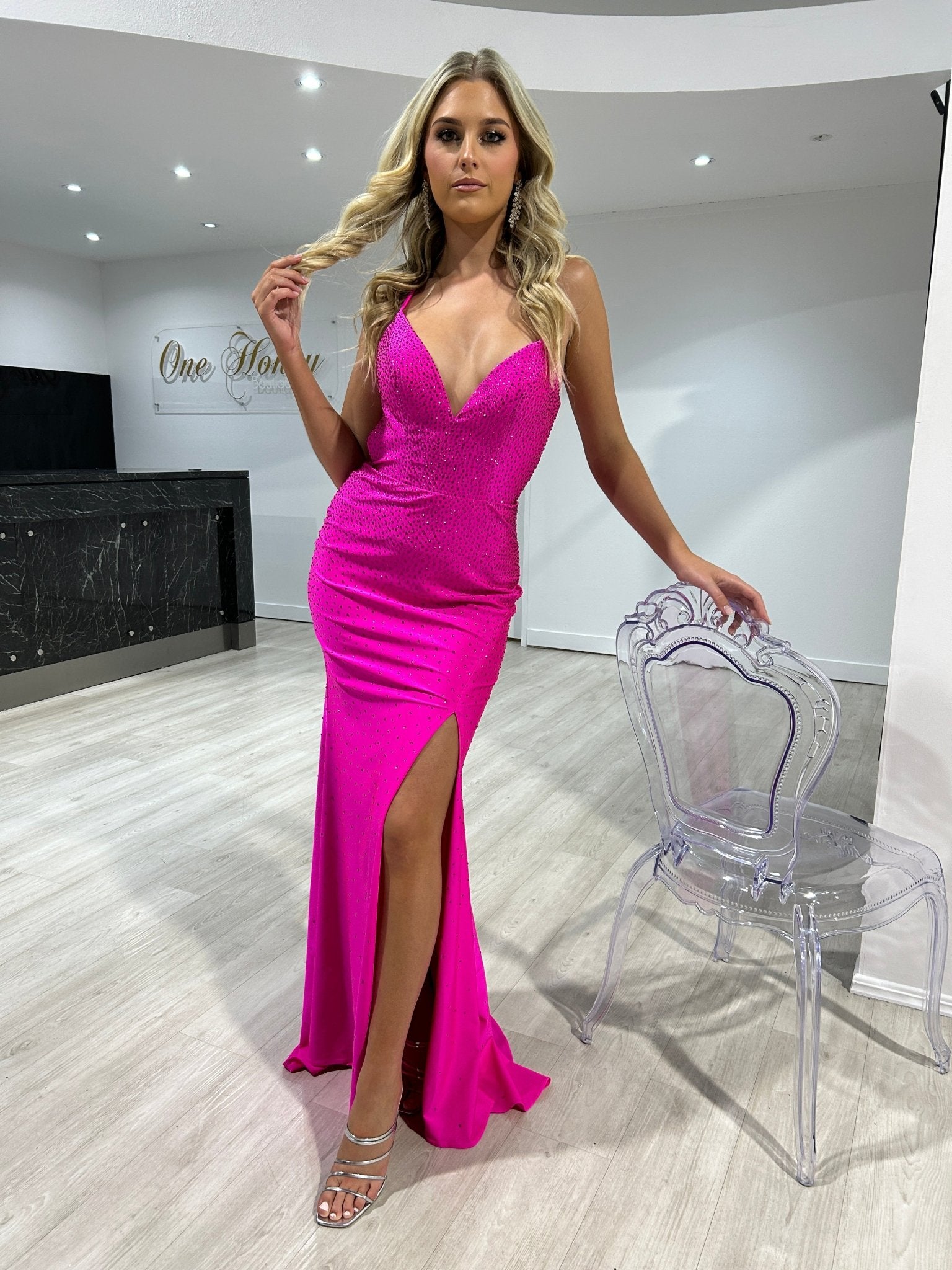 Honey Couture ZAYNE Hot Fix Diamanté Leg Split Mermaid Formal Dress in Australia | One Honey Boutique