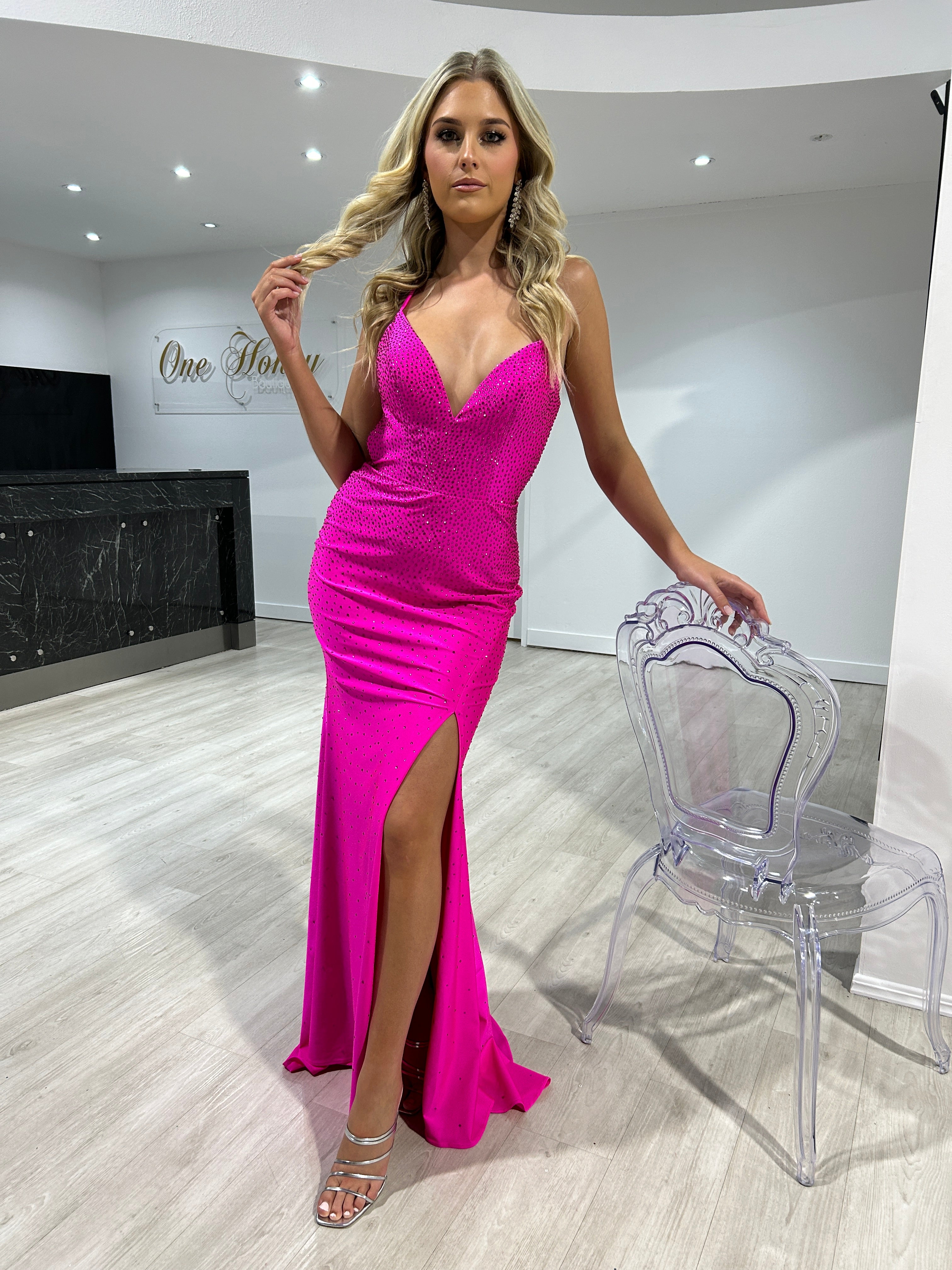 Honey Couture ZAYNE Neon Fuchsia Hot Fix Diamanté Leg Split Mermaid Formal Dress