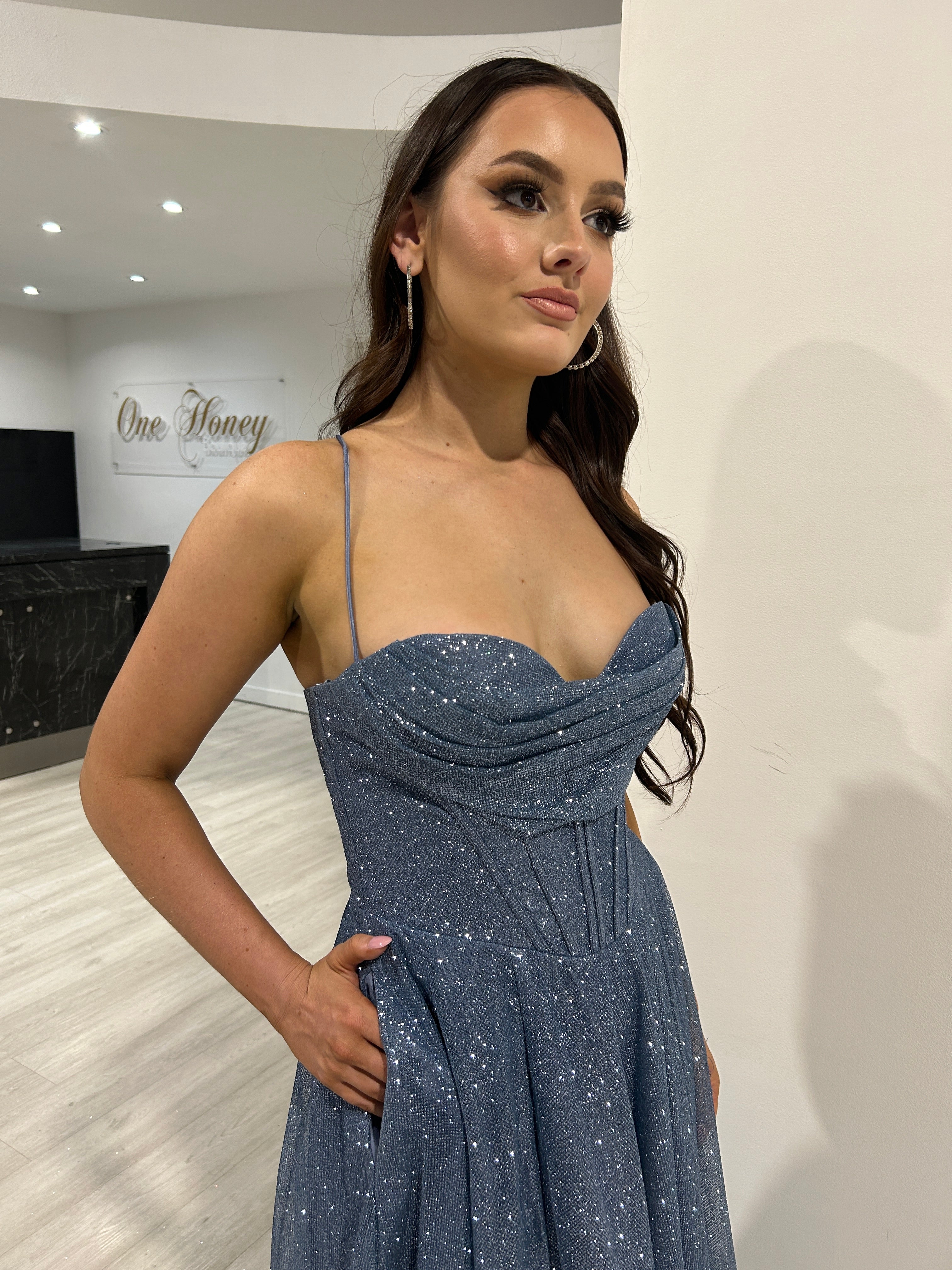 Honey Couture DREYA Smokey Blue Glitter Ball Gown Formal Dress