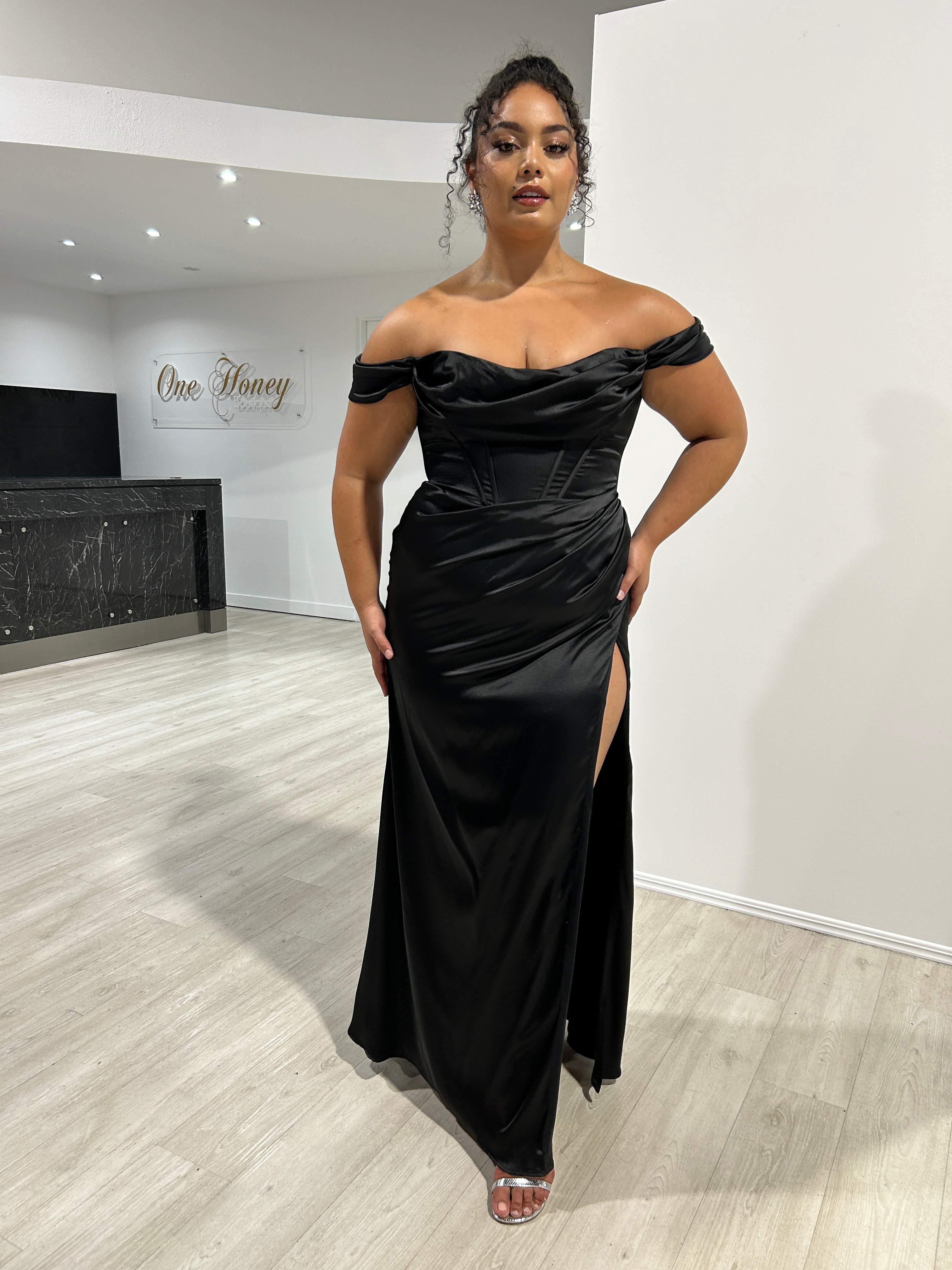 Honey Couture CECE Curve Black Satin Off The Shoulder Corset Bustier Formal Dress