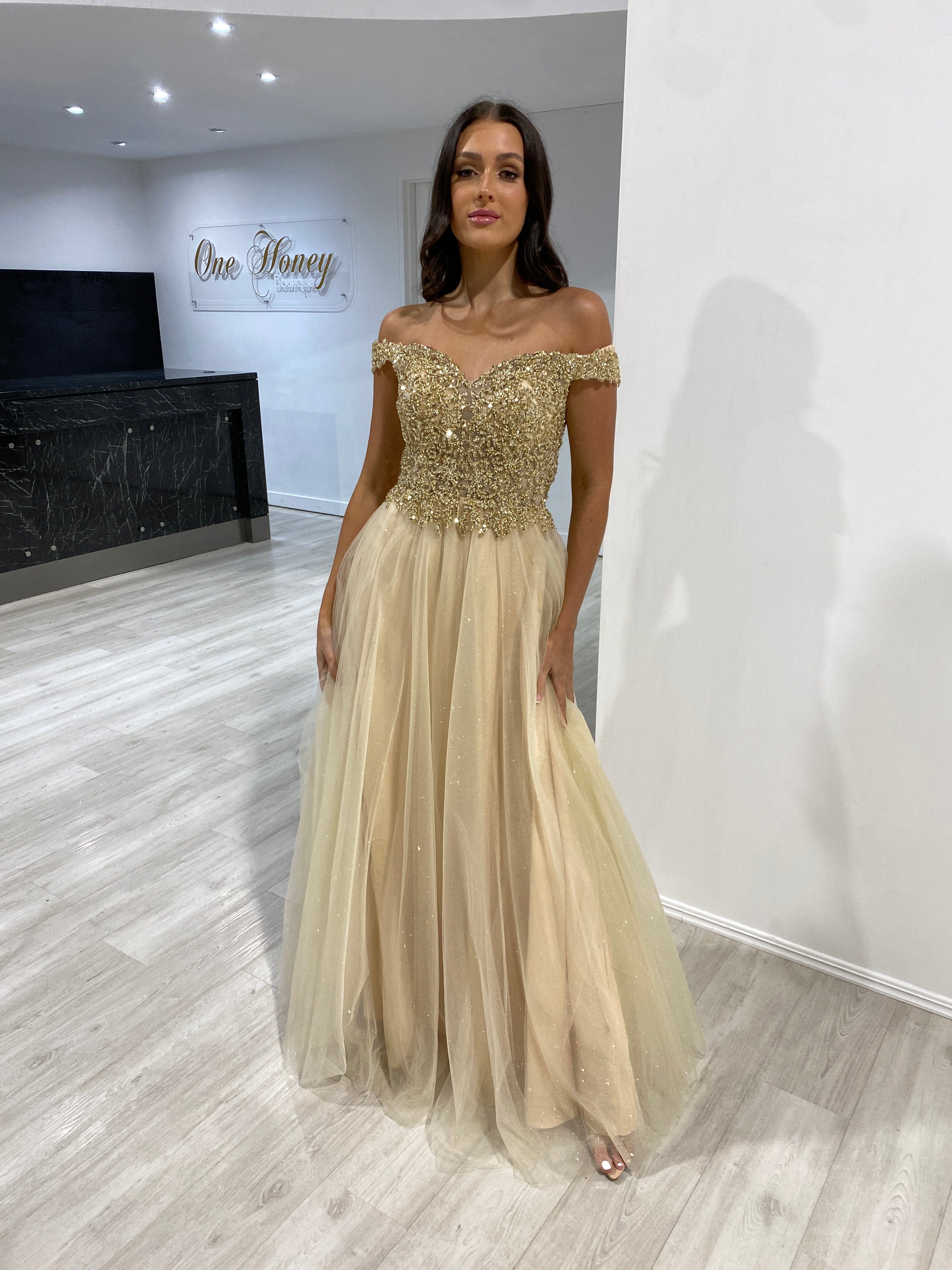 Honey Couture ROSIE Champagne Gold Off Shoulder Beaded Tulle Formal Dress
