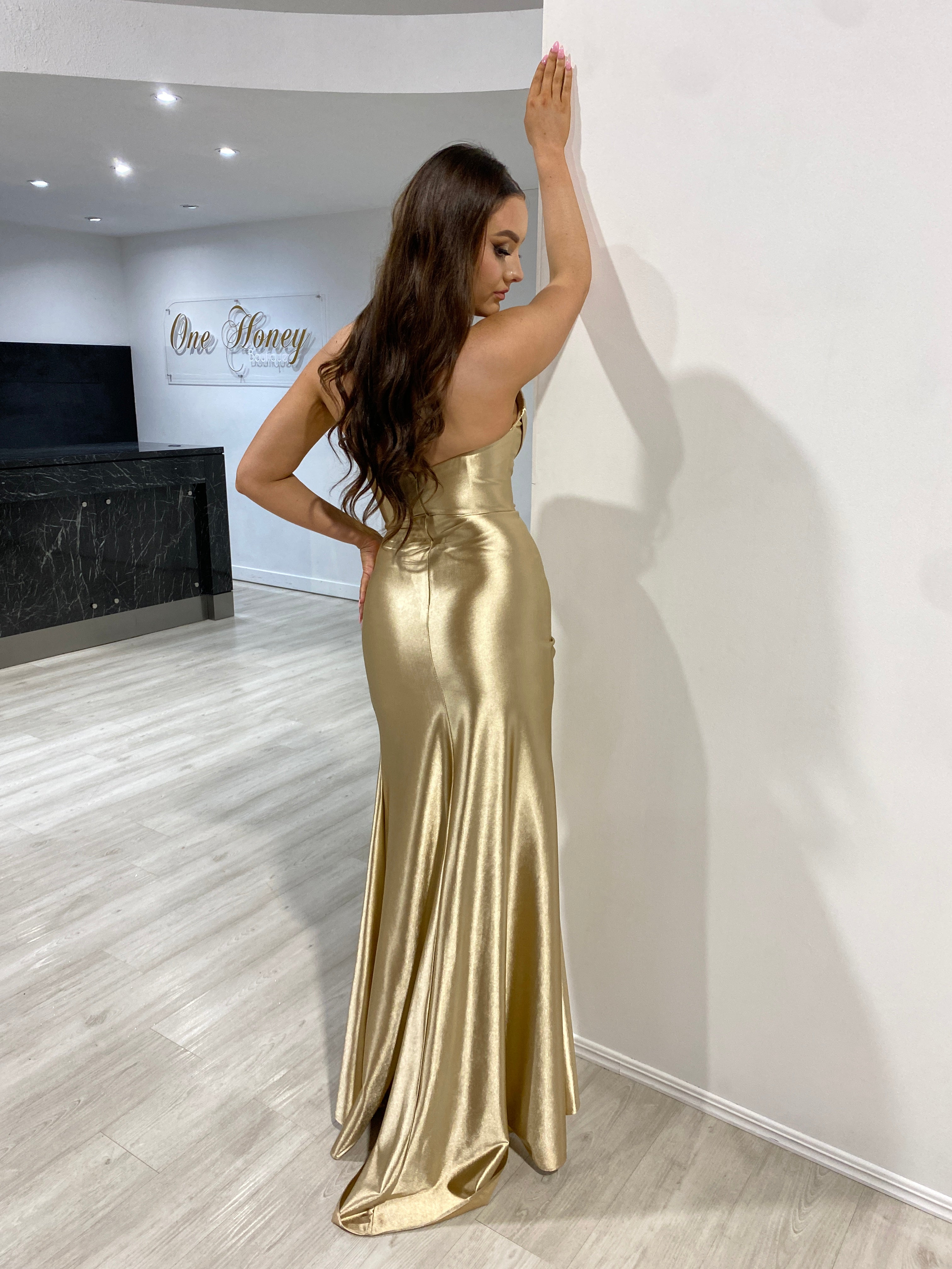 Honey Couture SHARYN Gold Silky Corset Bustier Strapless Mermaid Formal Dress