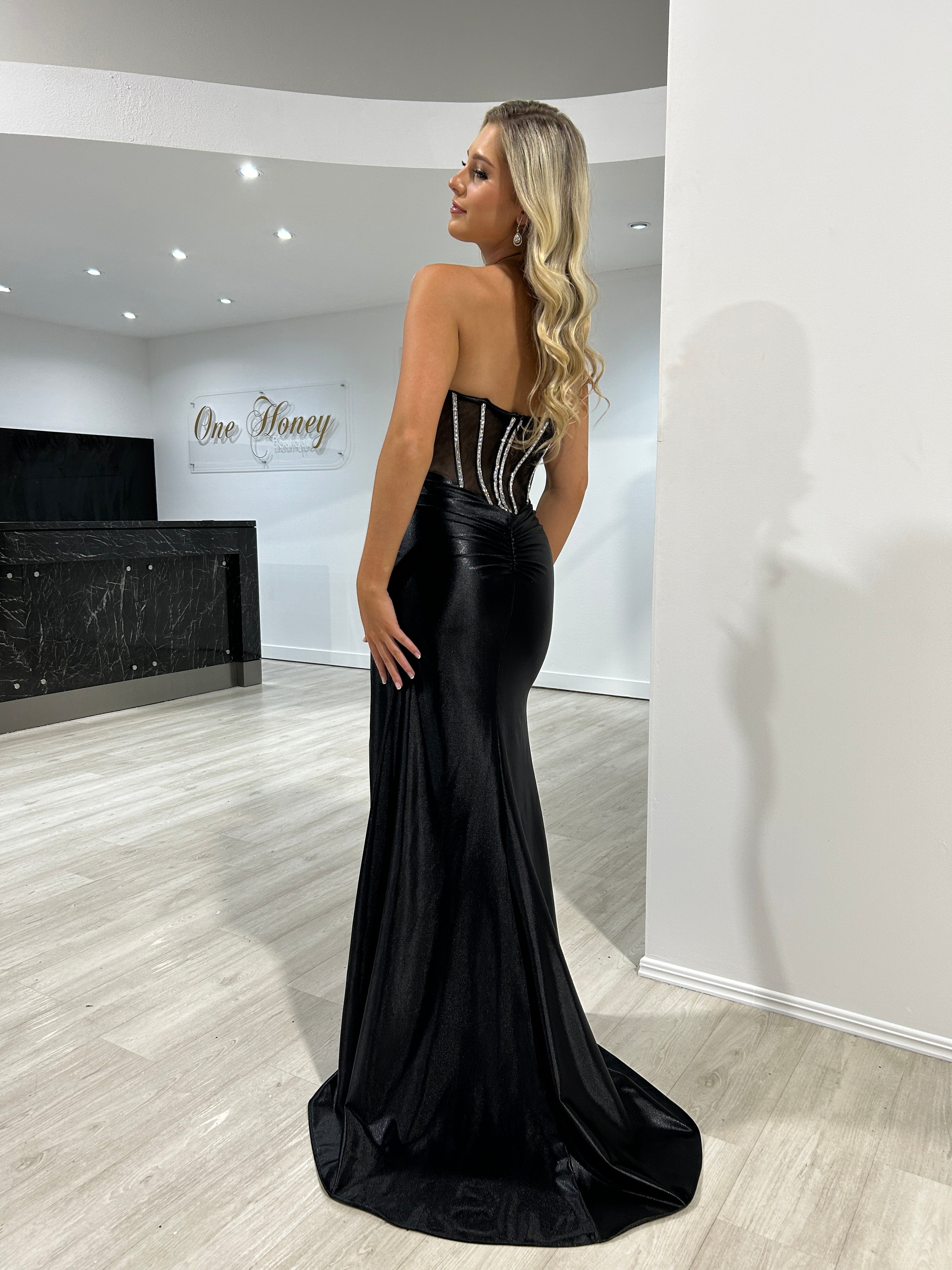 Honey Couture MADAM Black Strapless Satin Beaded Detail Corset Bustier Formal Dress