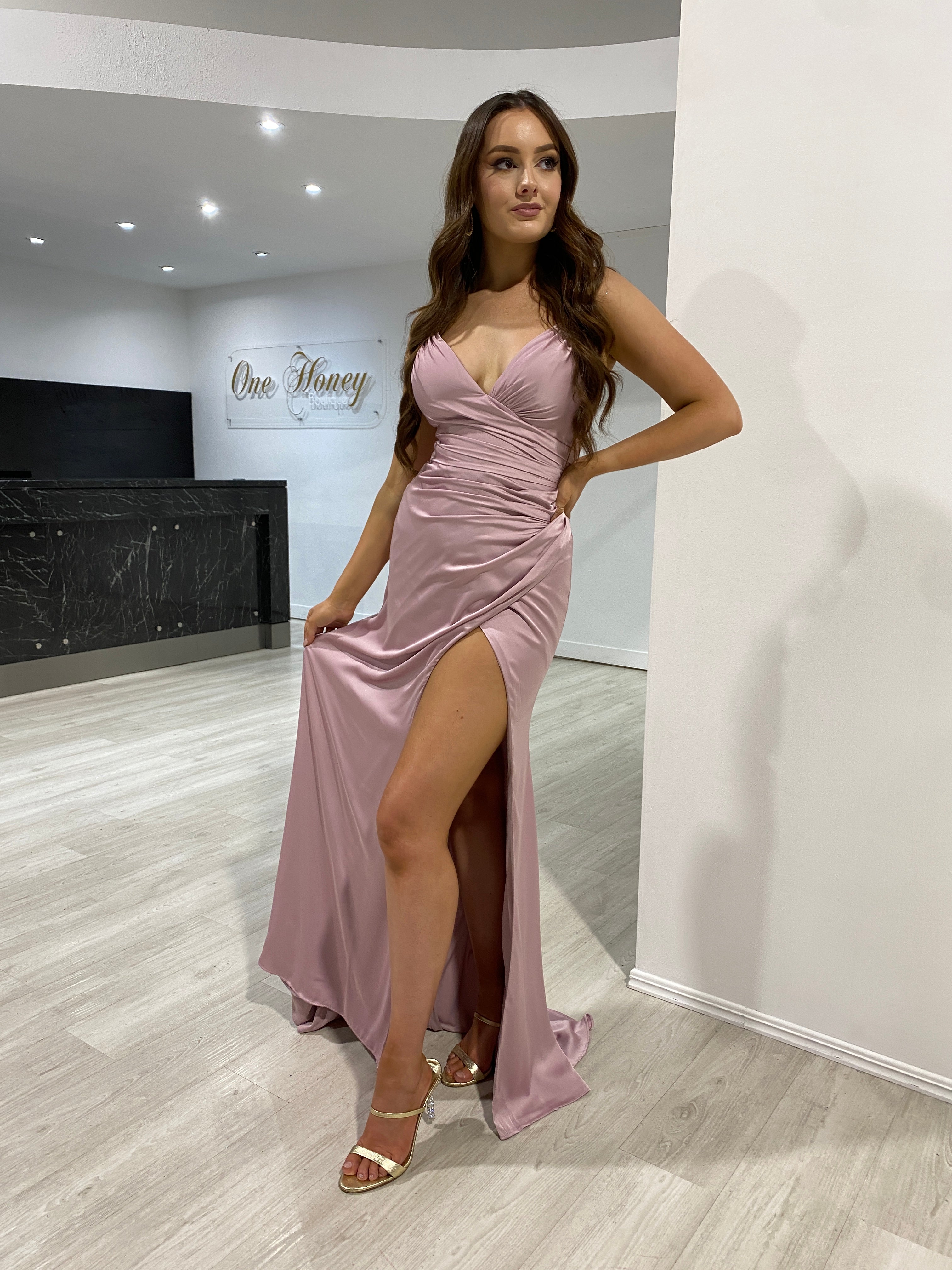 Honey Couture ELOISE Mauve Ruched Leg Split Silky Formal Dress