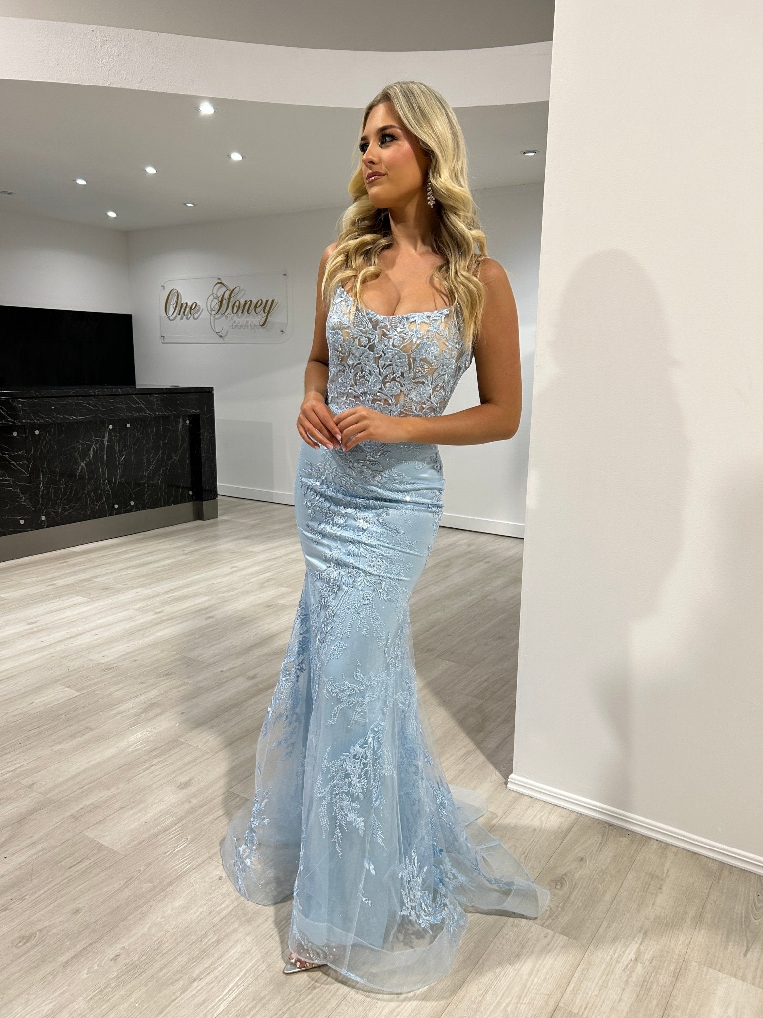 Sherri Hill 55200 Light Blue Leaf Lace Embroidered Corset Mermaid Formal Dress in Australia | One Honey Boutique