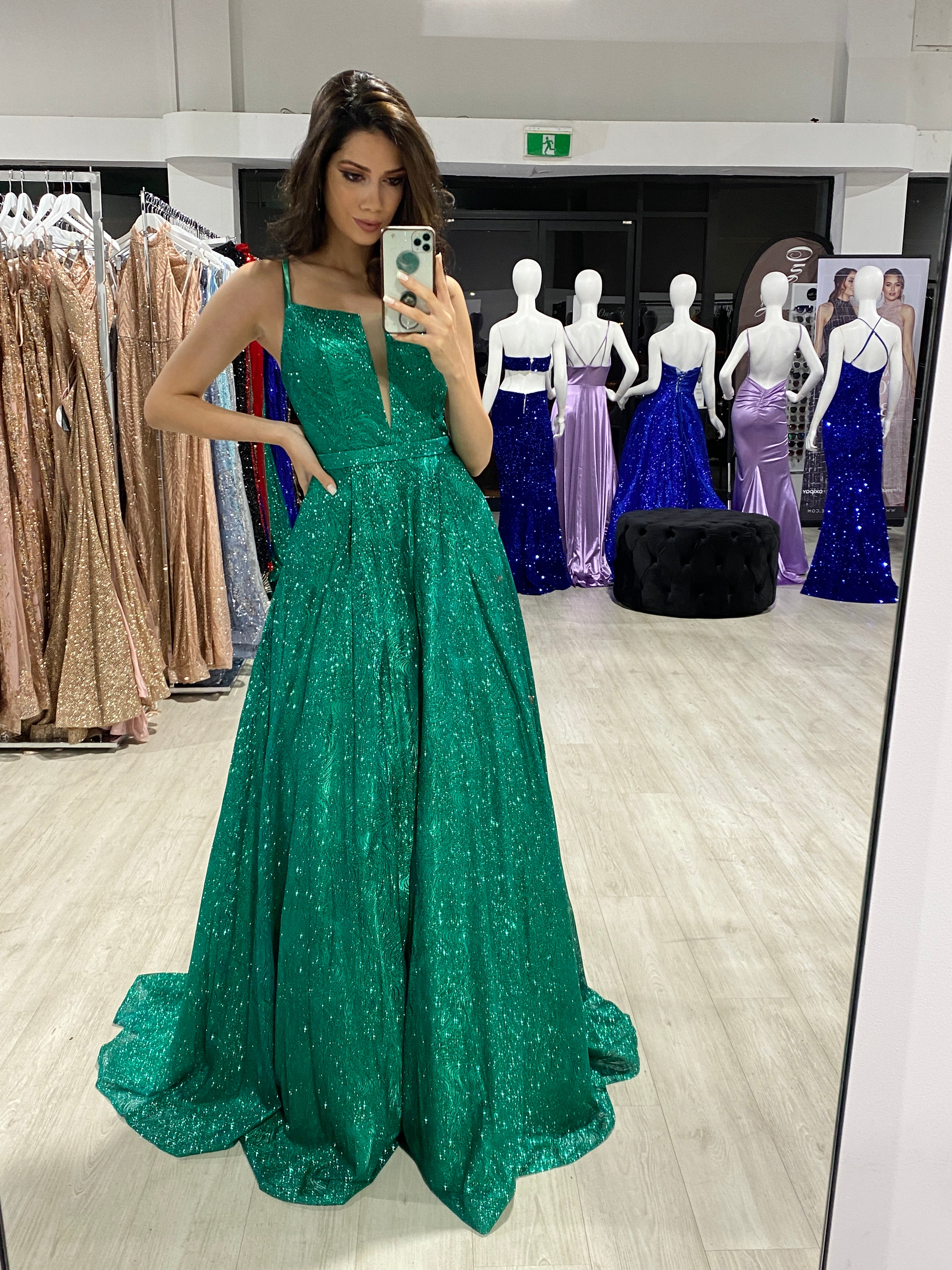 Honey Couture GRETCHEN Green Glitter Ball Gown Formal Dress