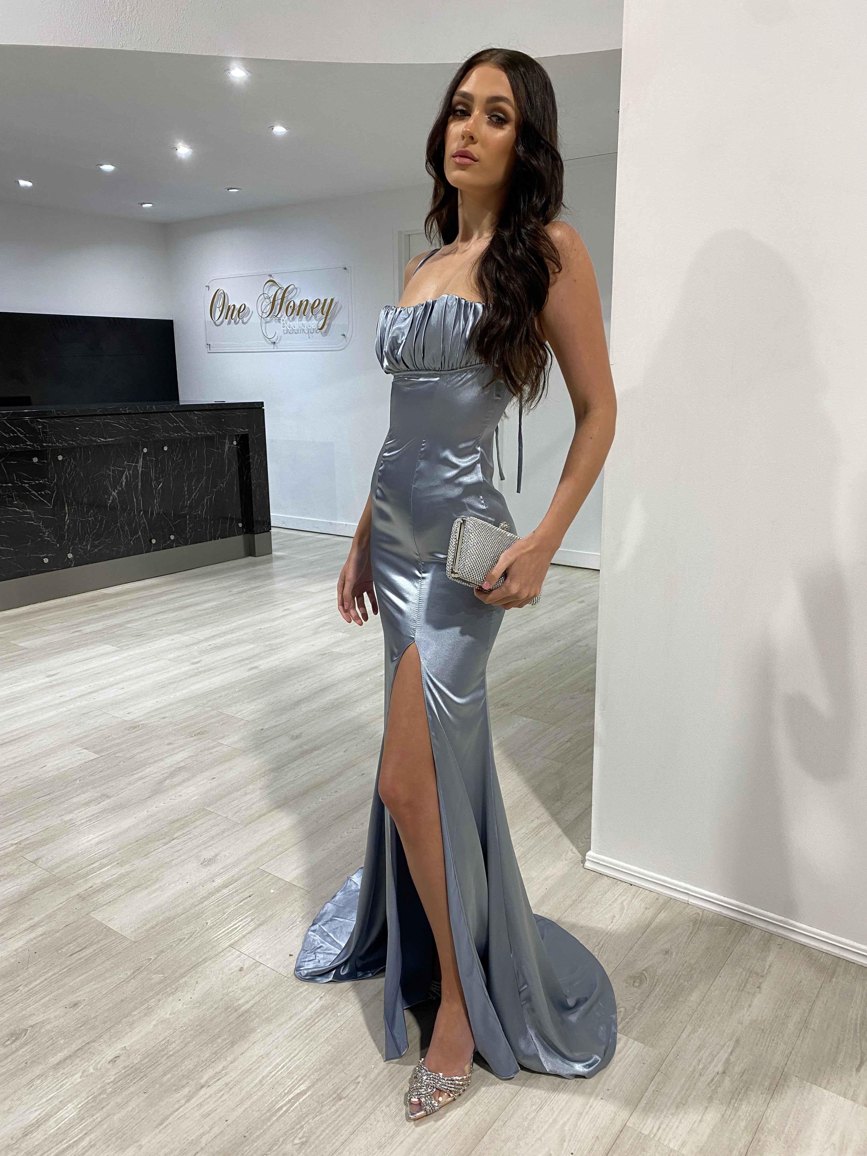 Honey Couture JENNA Dusty Blue Silky Mermaid Gown