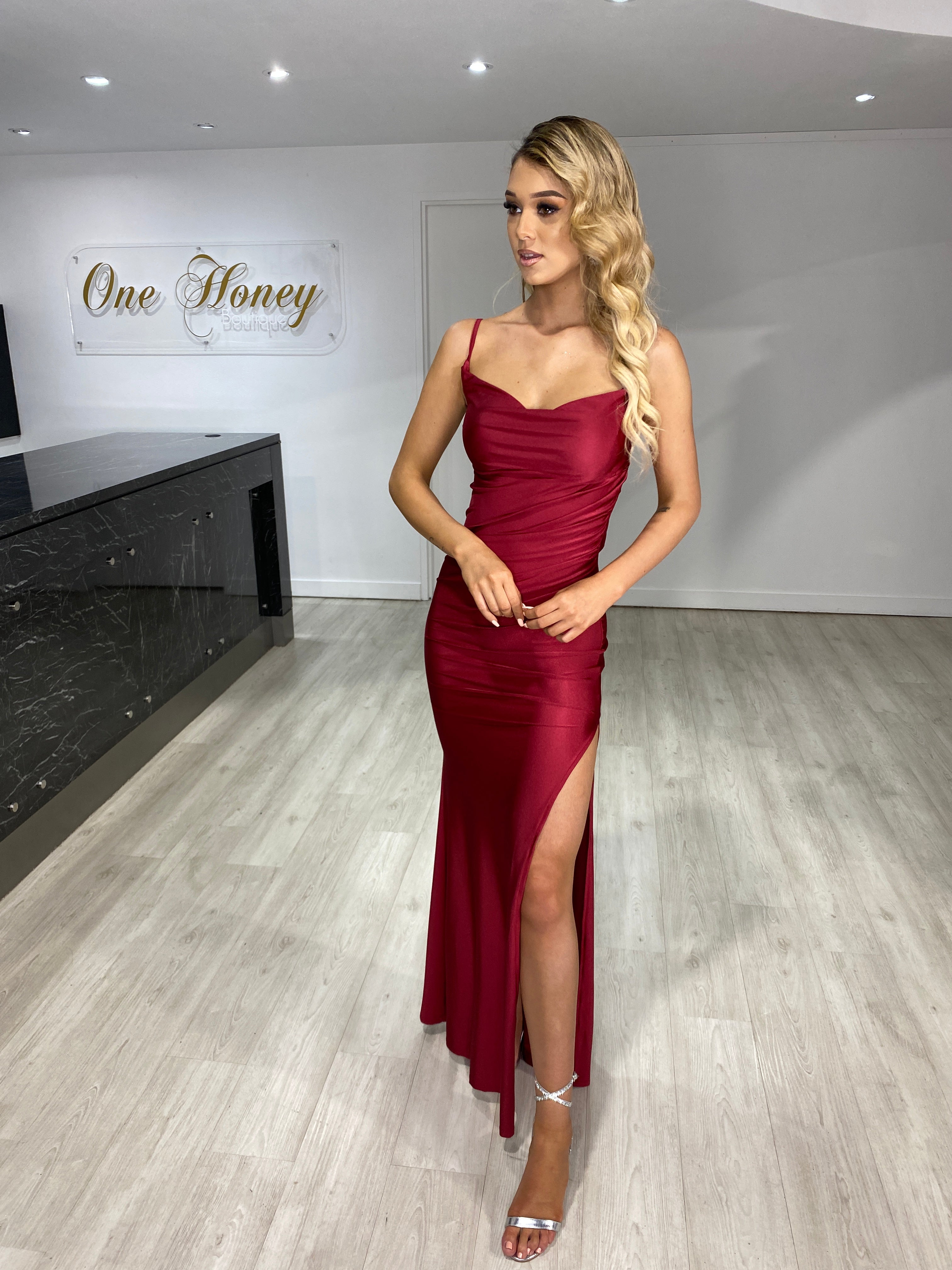 Honey Couture HARLOW Burgundy Cowl Neck Formal Dress
