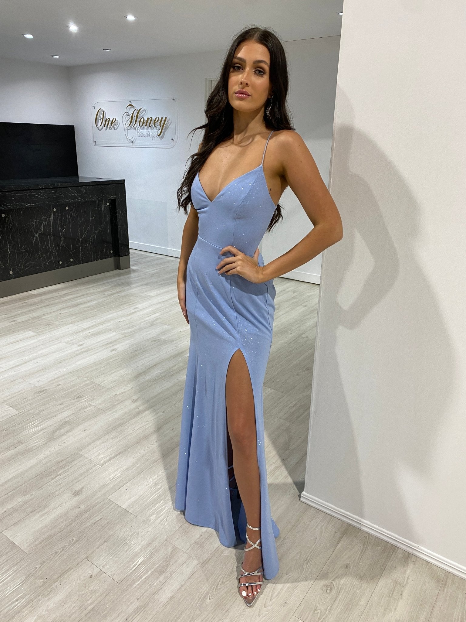 Honey Couture ANJALI Baby Blue Crystal Feature Mermaid Formal Gown in Australia | One Honey Boutique