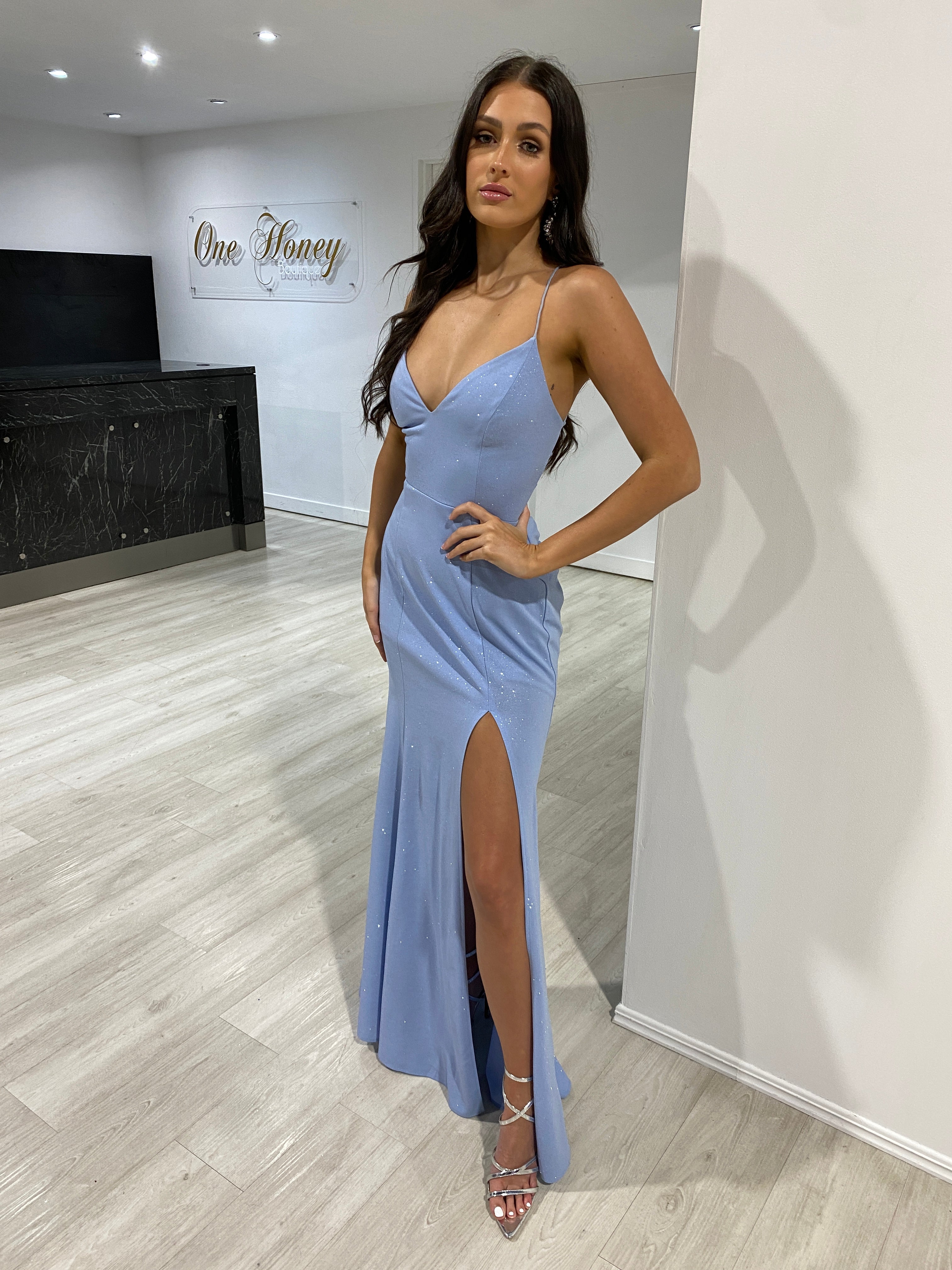 Honey Couture ANJALI Baby Blue Crystal Feature Mermaid Formal Gown