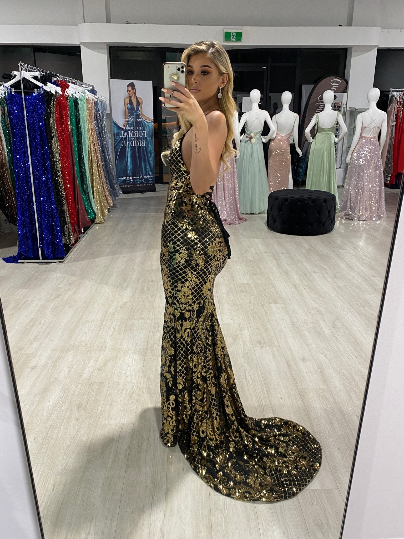 Honey Couture VIXEN Black & Gold Low Back Mermaid Sequin Formal Dress in Australia | One Honey Boutique