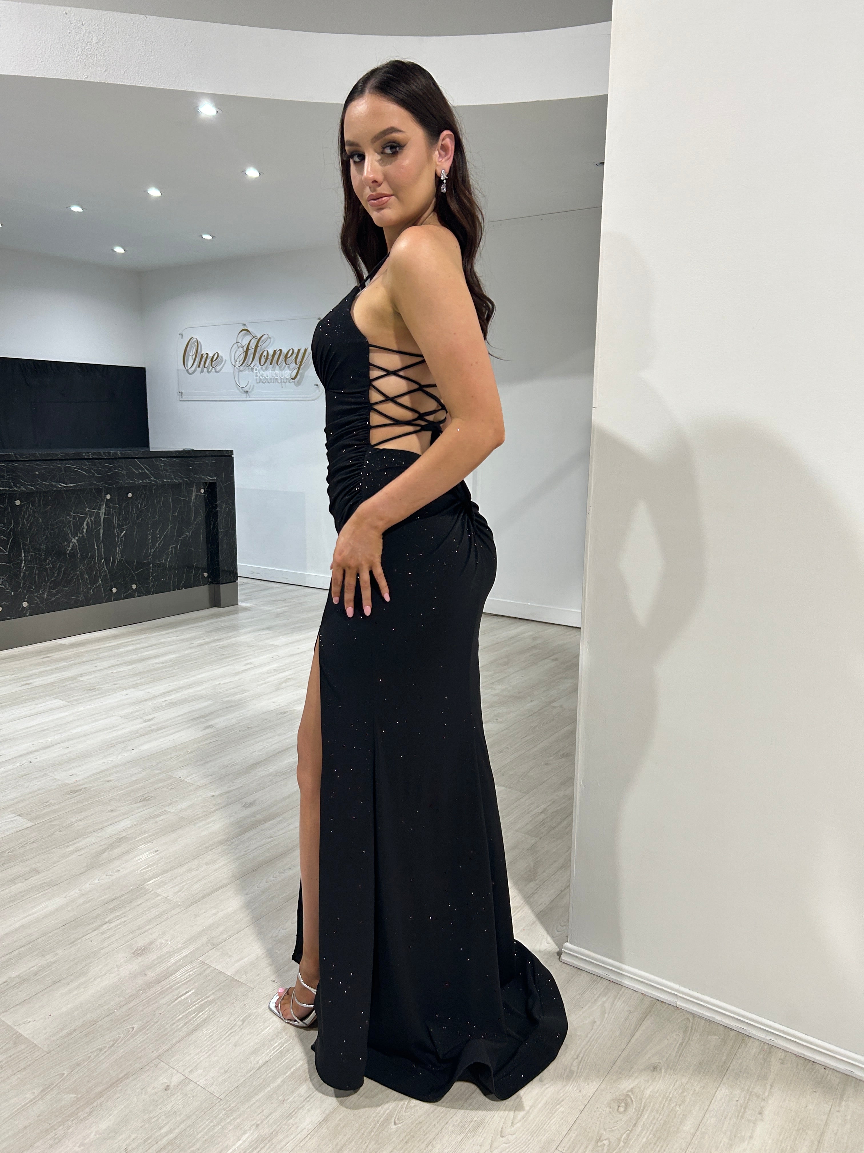 Honey Couture MISTELLA Black Crystal Feature Mermaid Formal Gown