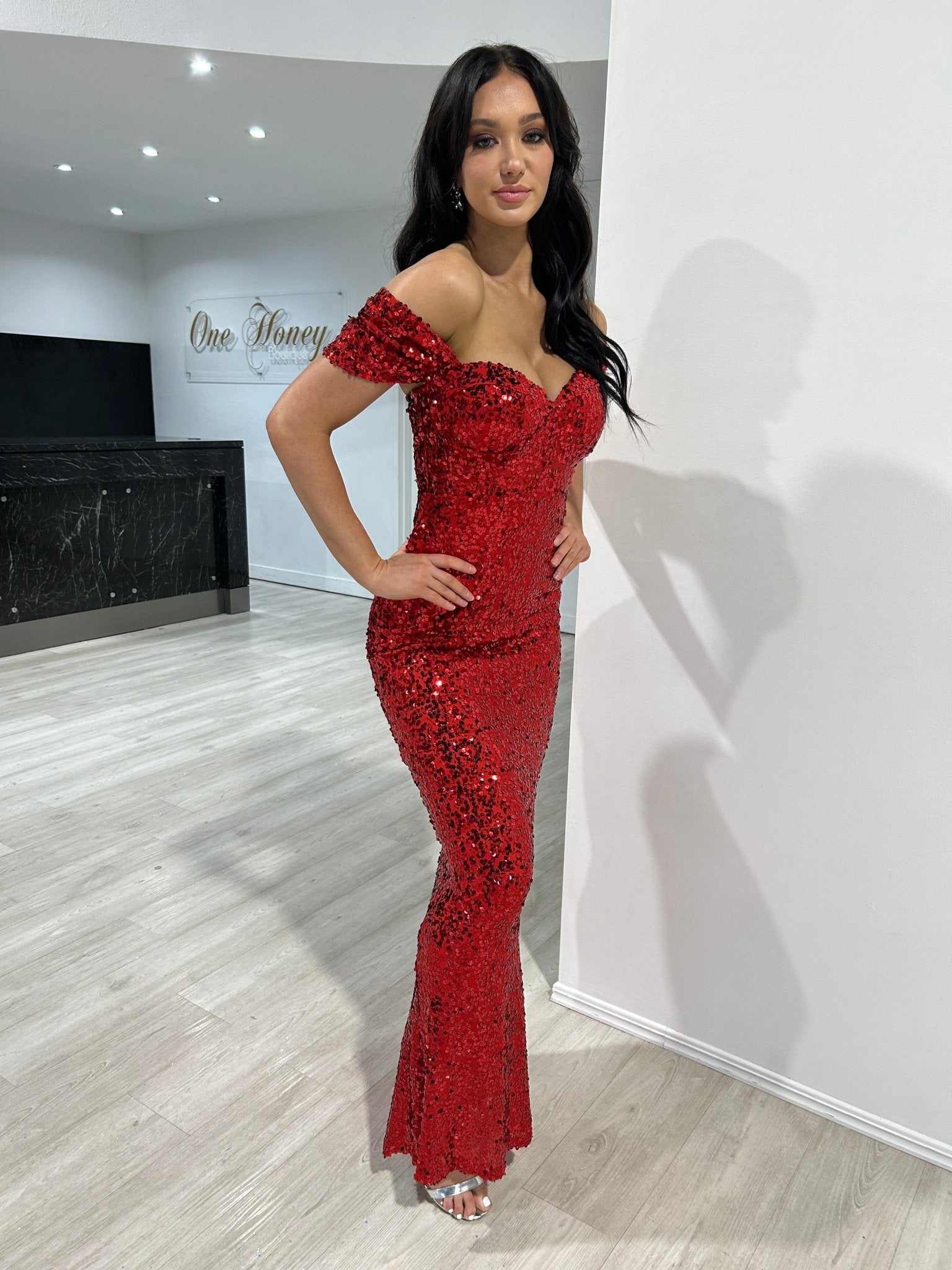 Honey Couture COLLEN Red Off The Shoulder Mermaid Evening Dress in Australia | One Honey Boutique
