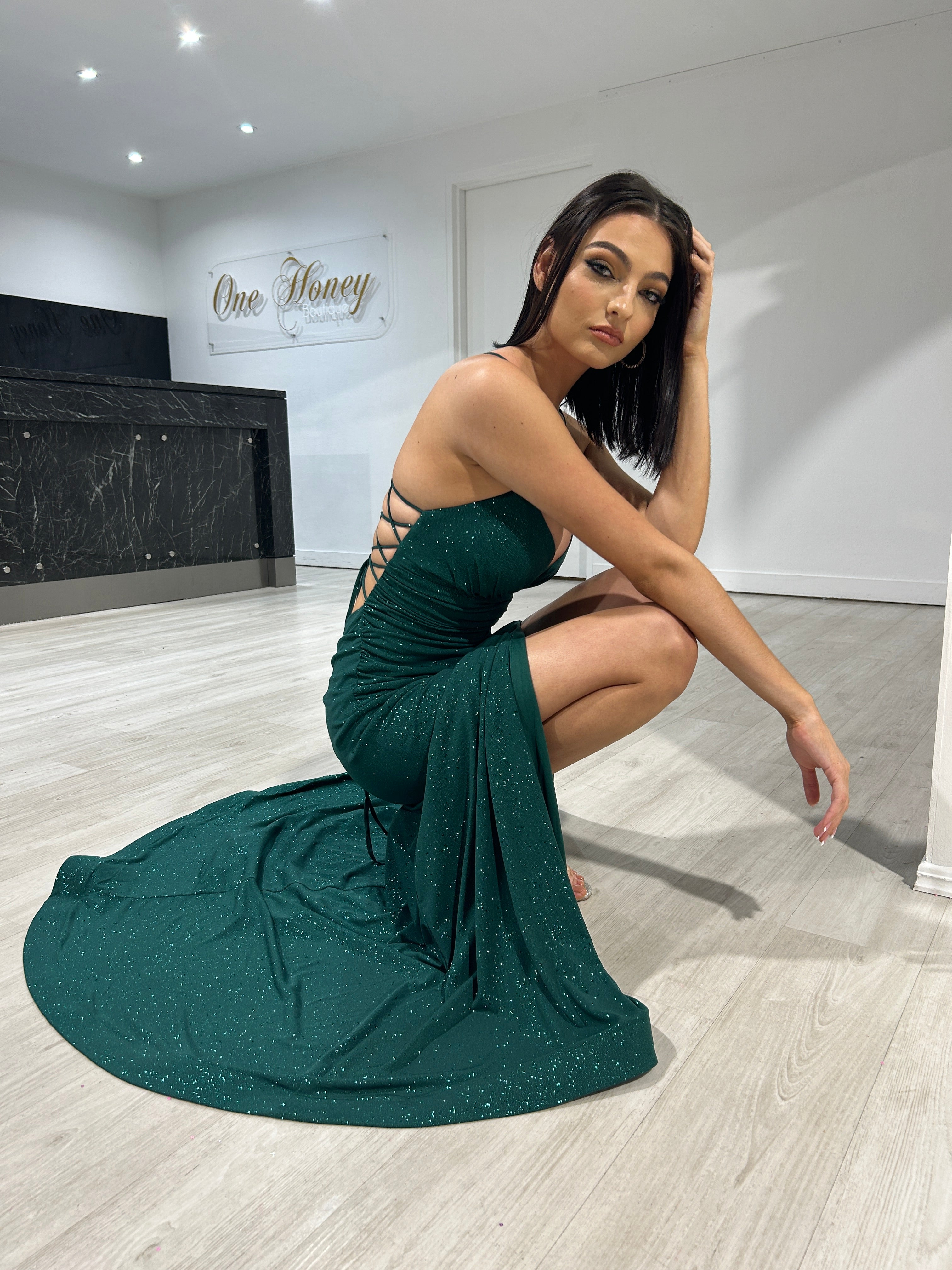 Honey Couture MISTELLA Emerald Green Crystal Feature Mermaid Formal Gown