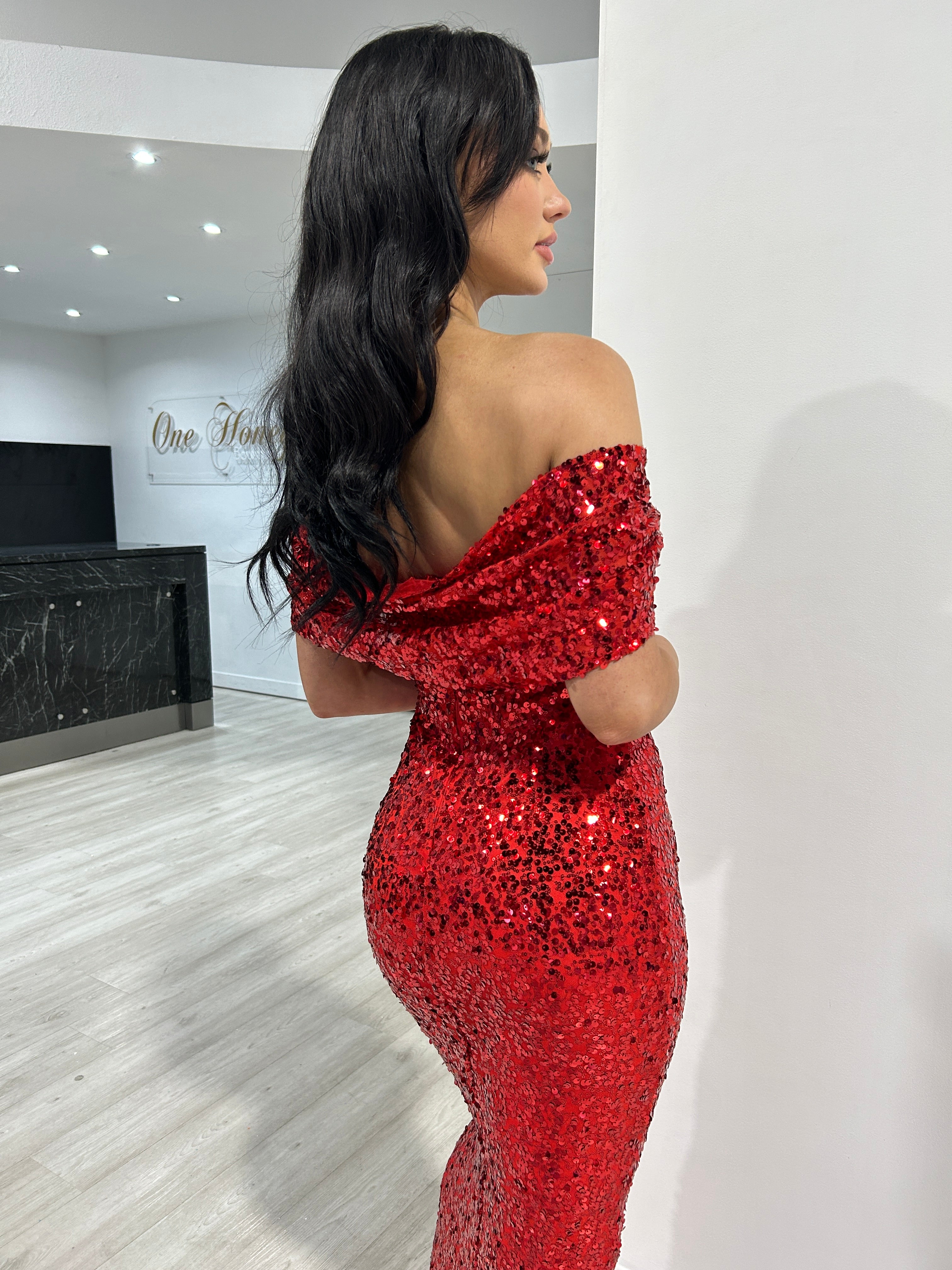 Honey Couture COLLEN Red Off The Shoulder Mermaid Evening Dress