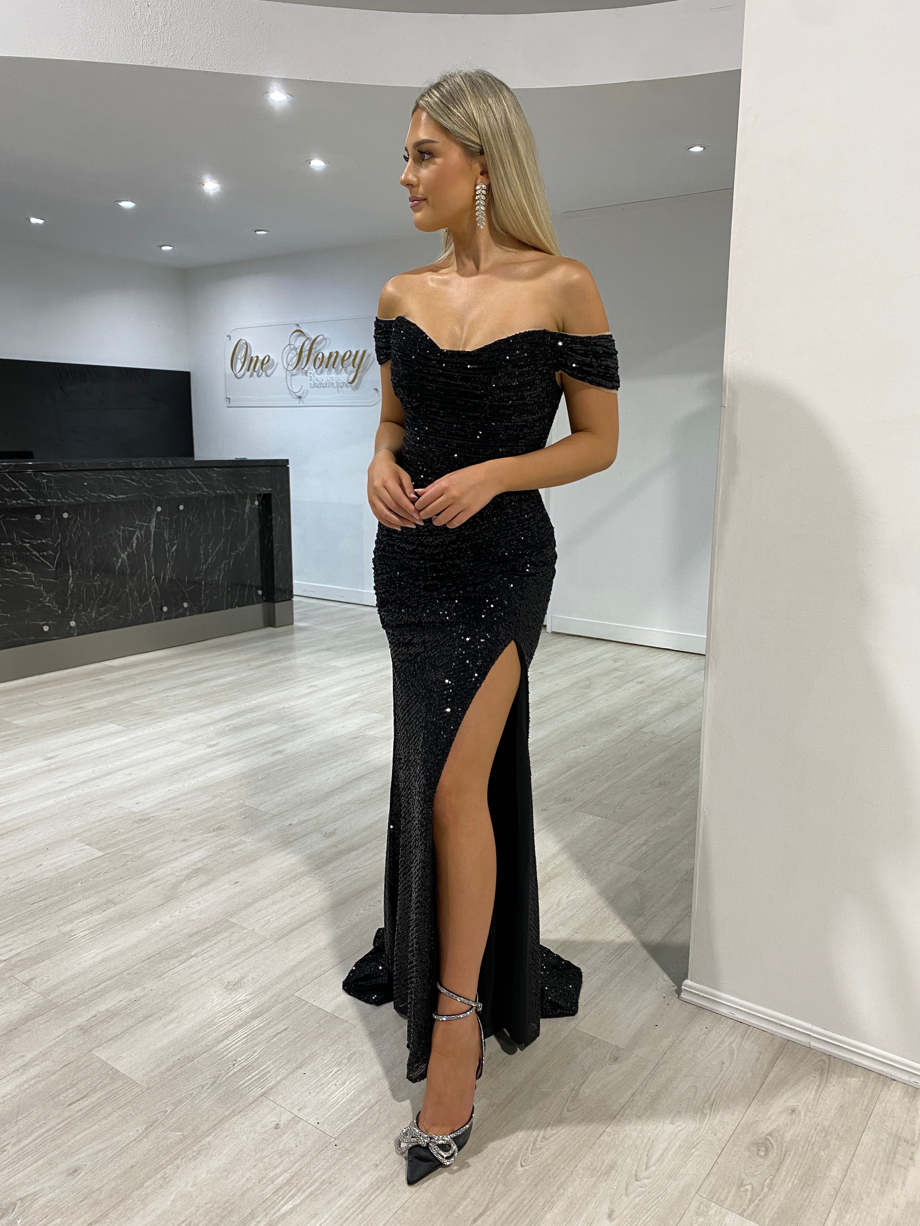 Honey Couture ALLEGRA Black Off The Shoulder Sequin Formal Dress