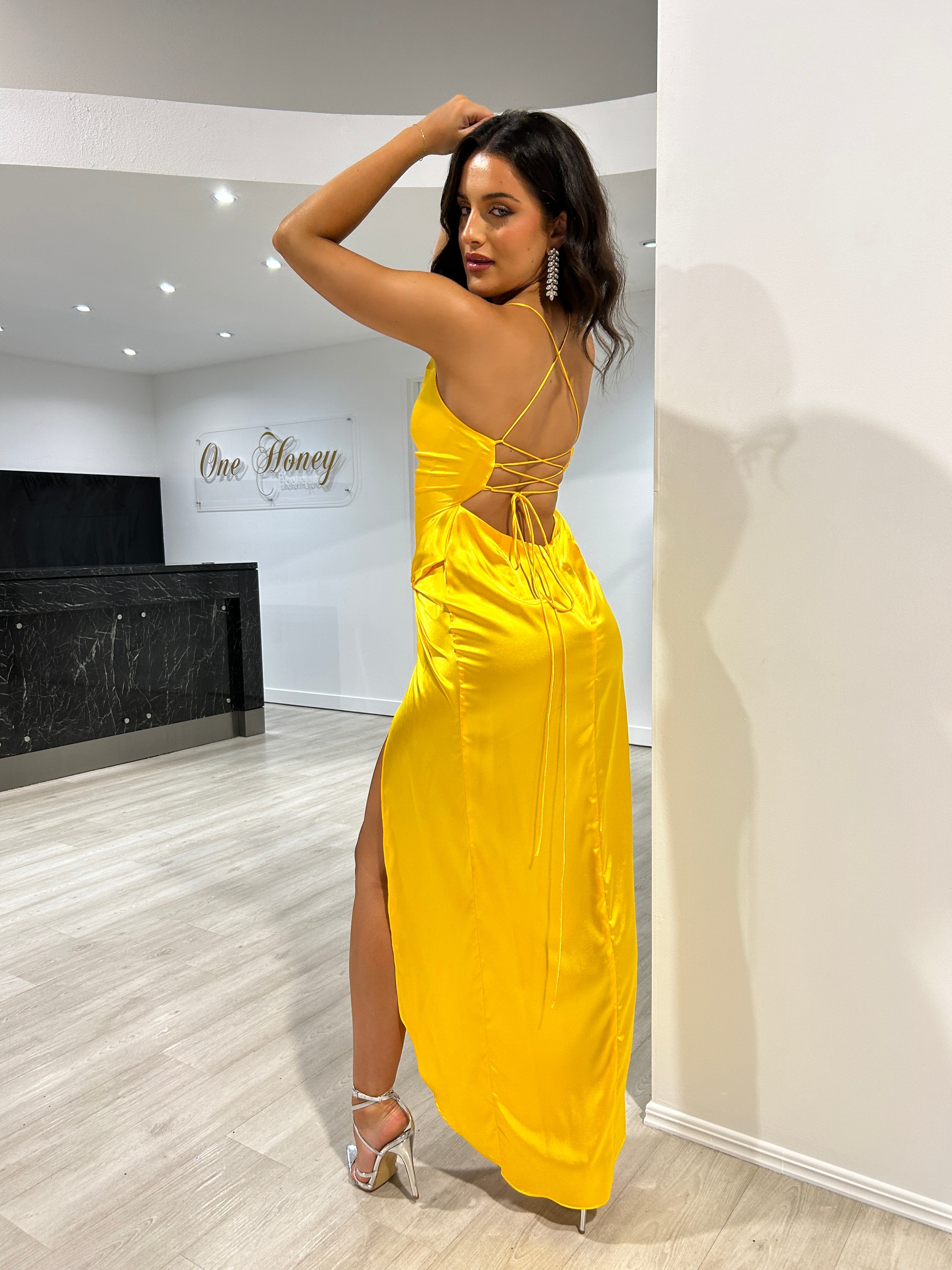 Honey Couture KENNA Yellow Satin Cowl Neck Mermaid Dress