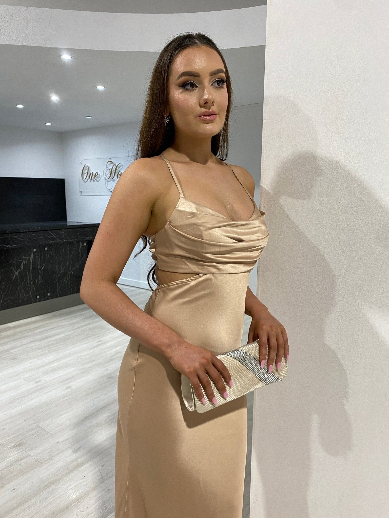 Honey Couture ELLIE Gold Silky Cut Out Maxi Dress in Australia | One Honey Boutique
