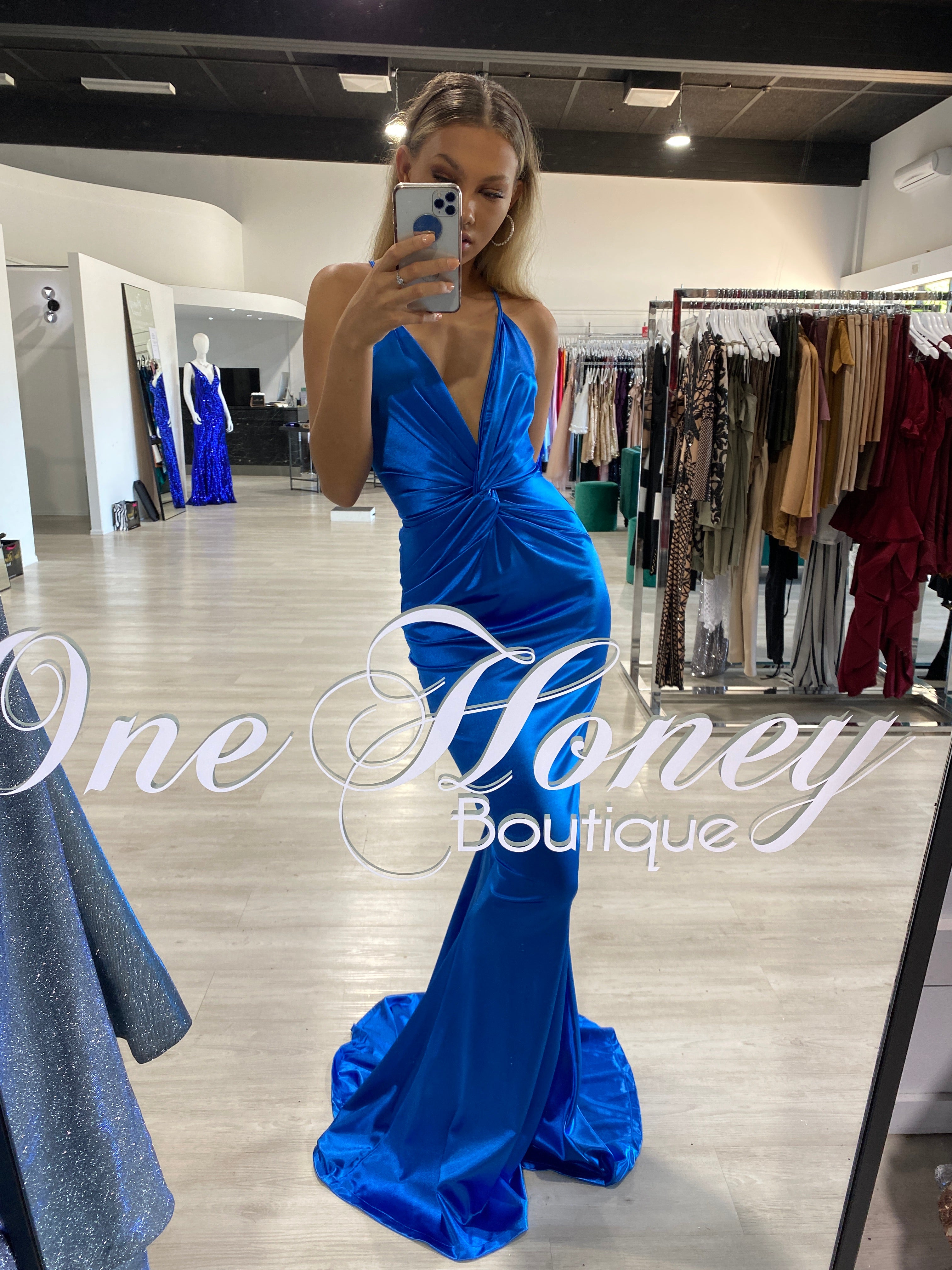 Honey Couture JUSTICE Blue Open Back Mermaid Evening Gown Dress