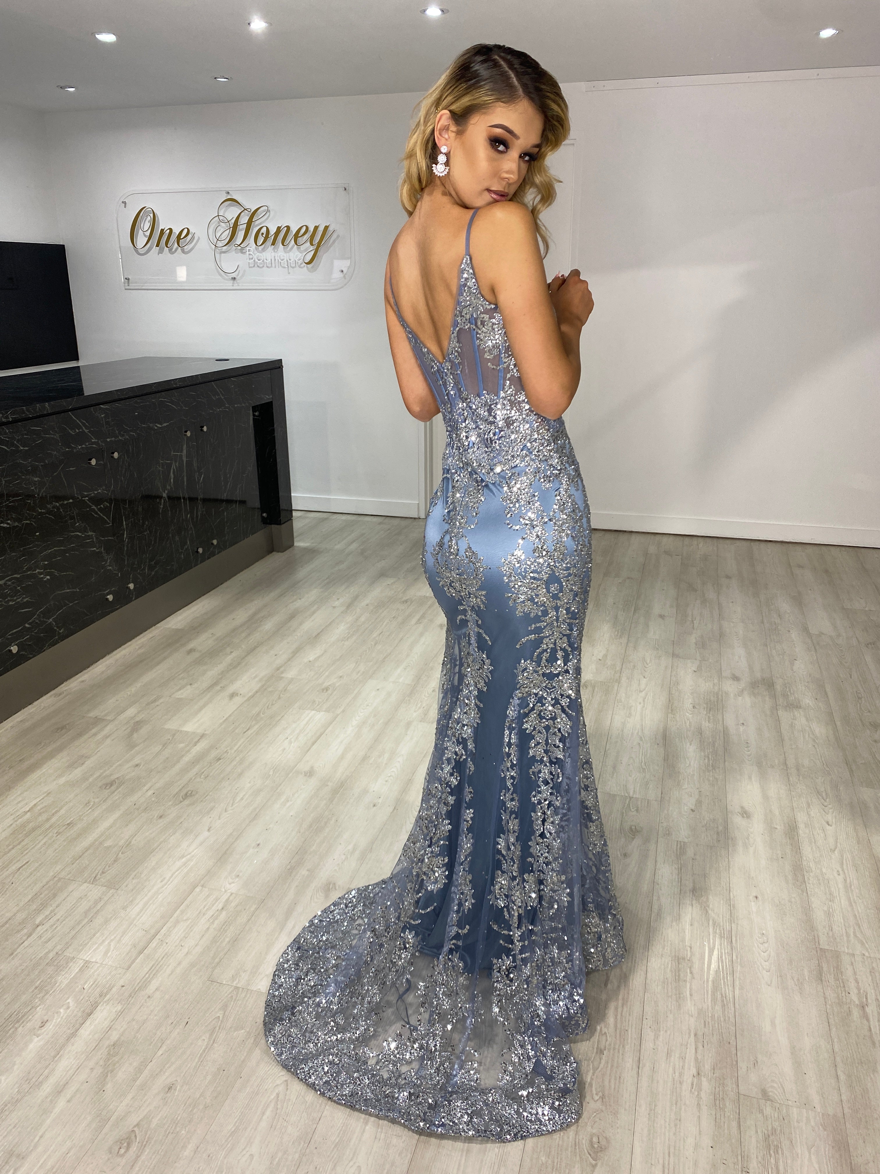 Honey Couture CAROLE Smokey Blue Sequin Corset Mermaid Formal Gown Dress