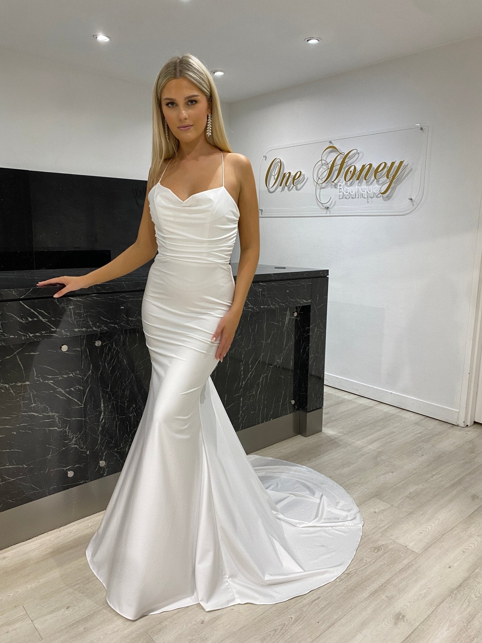 Honey Couture TERESA White Lace Up Low Back Formal Dress in Australia | One Honey Boutique