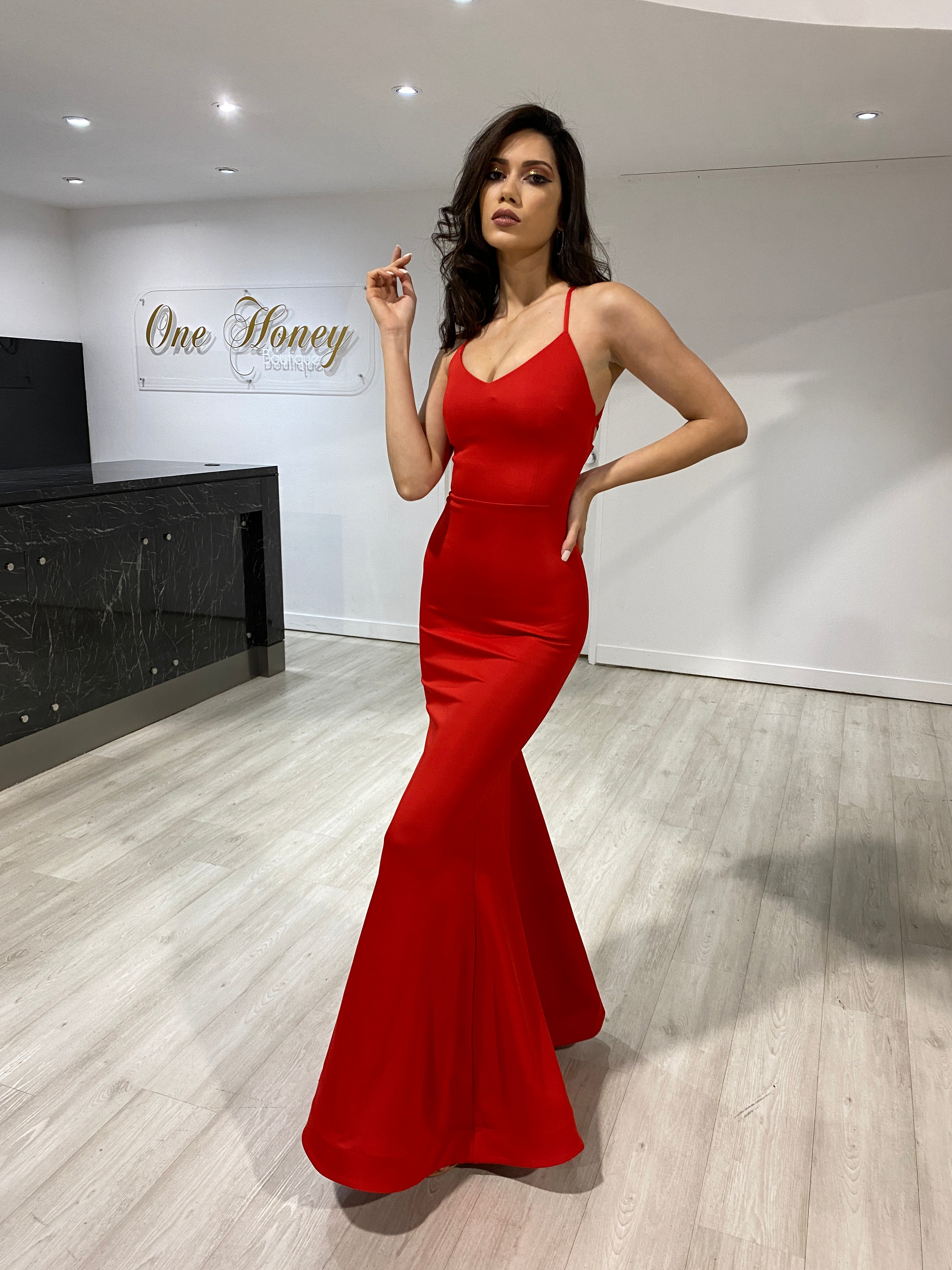 Honey Couture DESERIEE Red Open Lace Up Back Mermaid Formal Dress