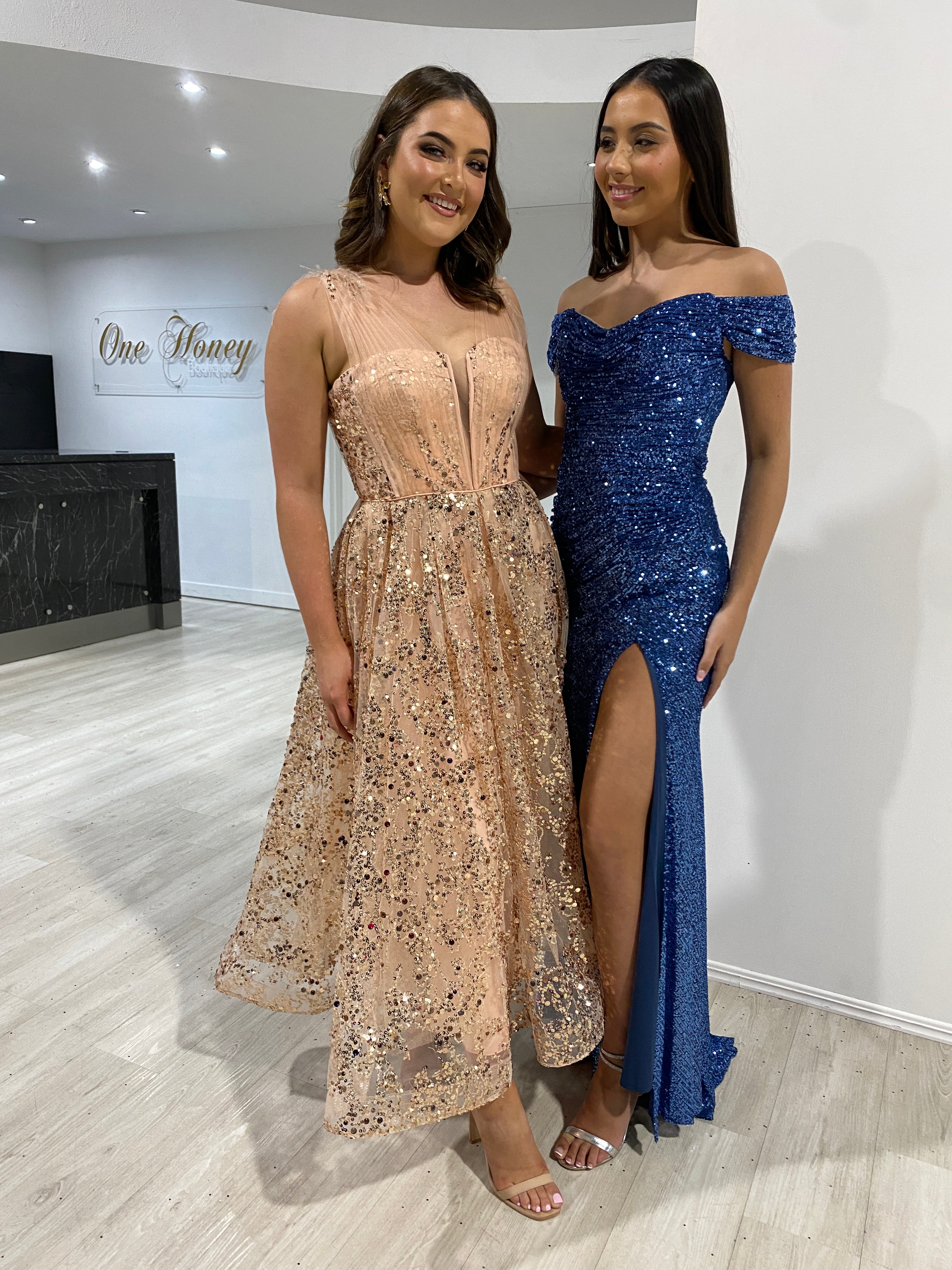 Honey Couture ALLEGRA Lapis Blue Off The Shoulder Sequin Lace Up Formal Dress