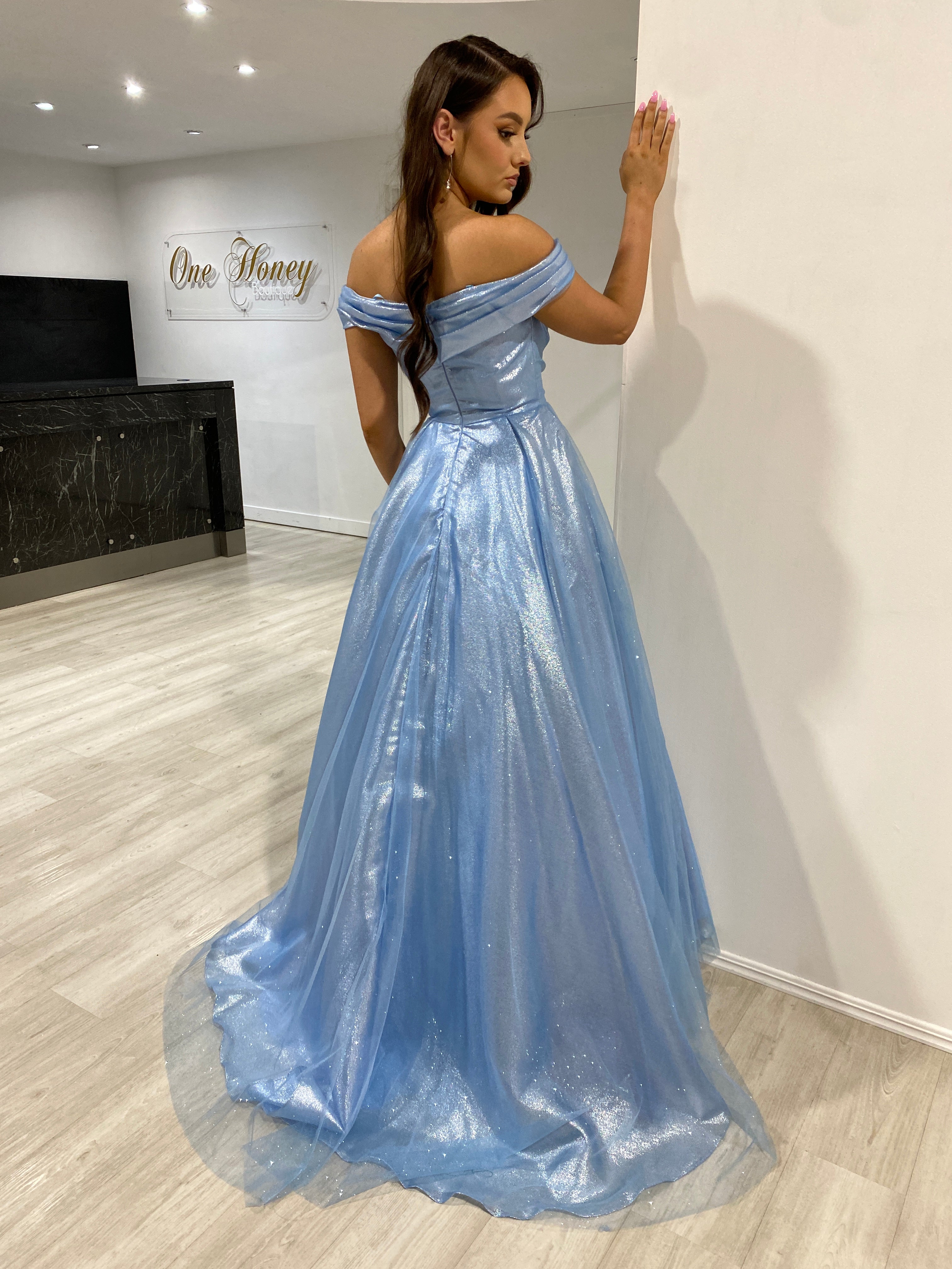 Honey Couture ARIANA Baby Blue Shimmer Ballgown Formal Dress