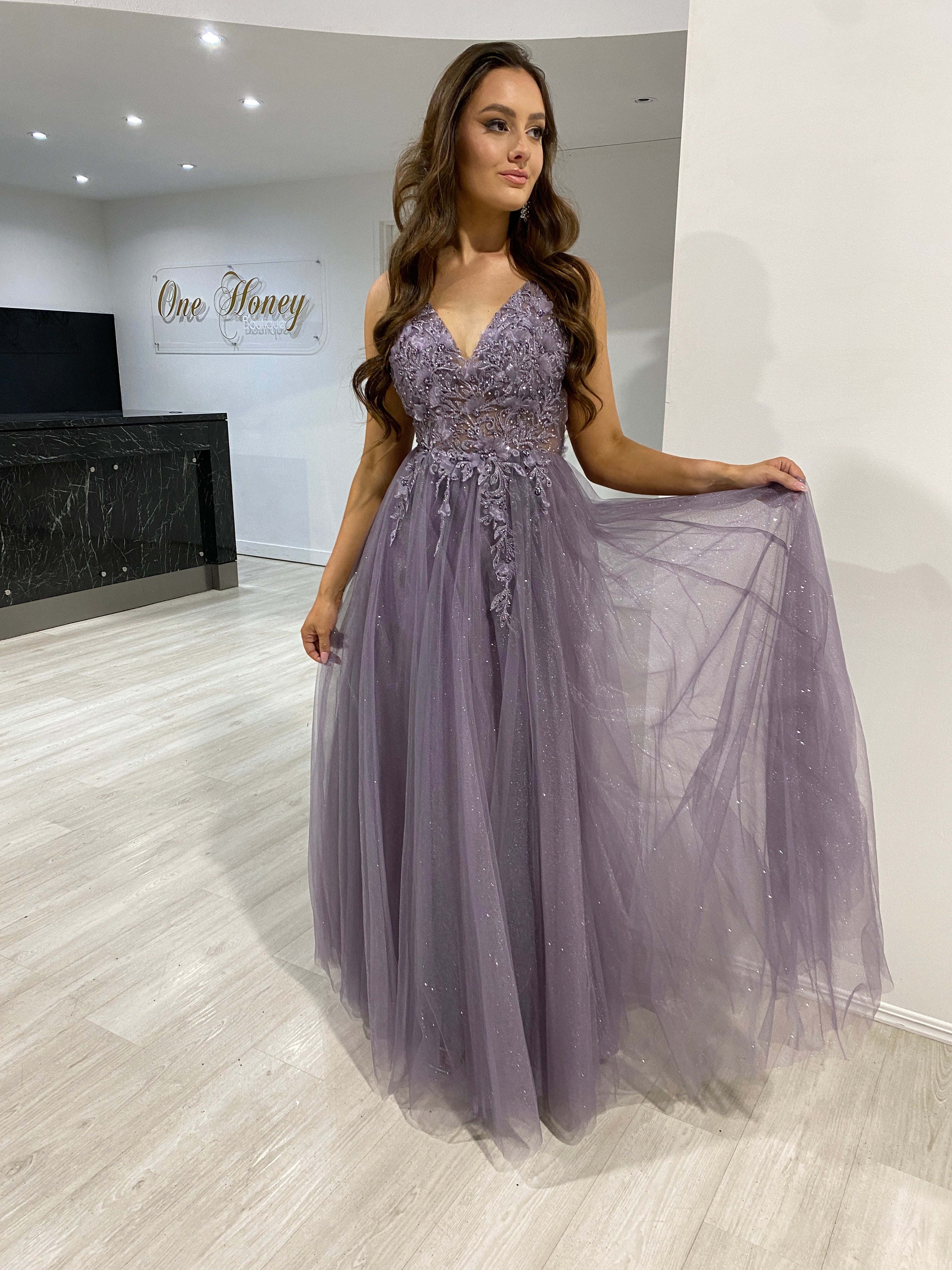 Honey Couture DEMIKA English Violet 3D Flowers Tulle Formal Gown Dress