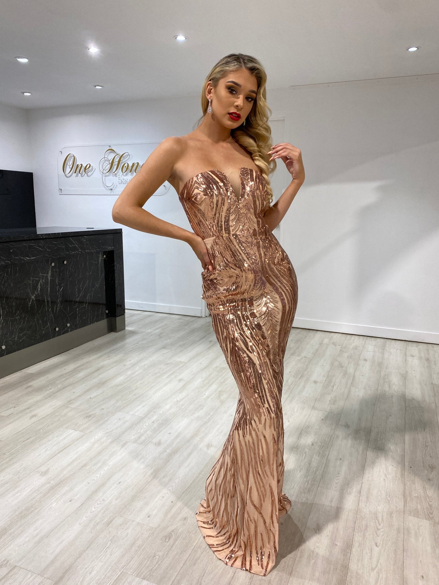 Honey Couture GWEN Gold Sequin Strapless Formal Dress in Australia | One Honey Boutique