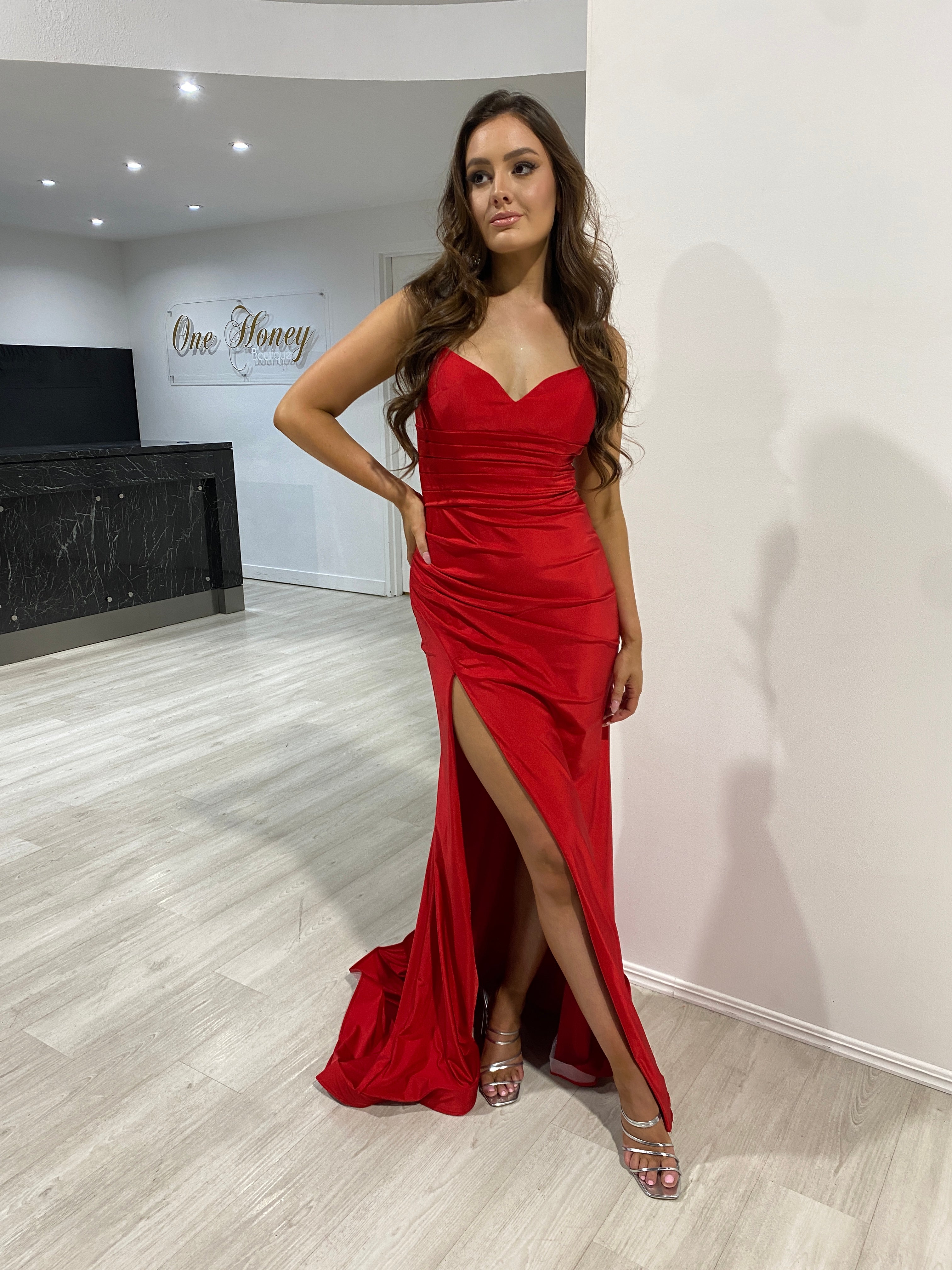 Honey Couture TARA Red Silky Ruched Bodice Mermaid Formal Gown