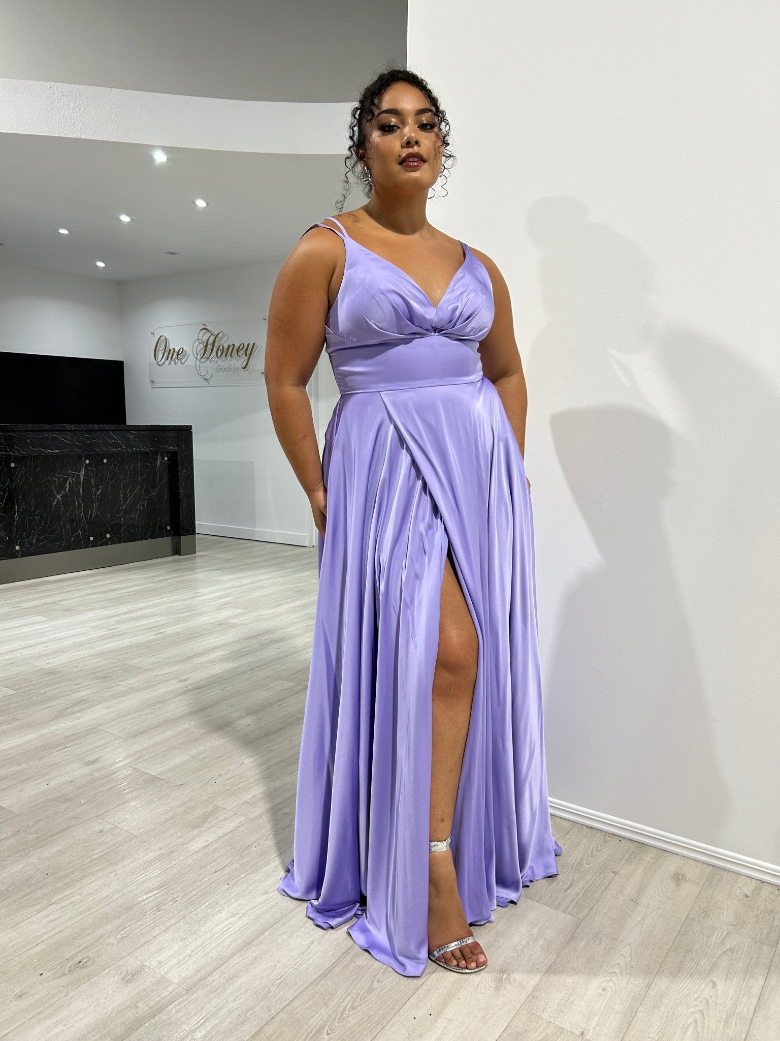 Honey Couture ROSALIA Curve Lavender Silky A Line Formal Dress in Australia | One Honey Boutique