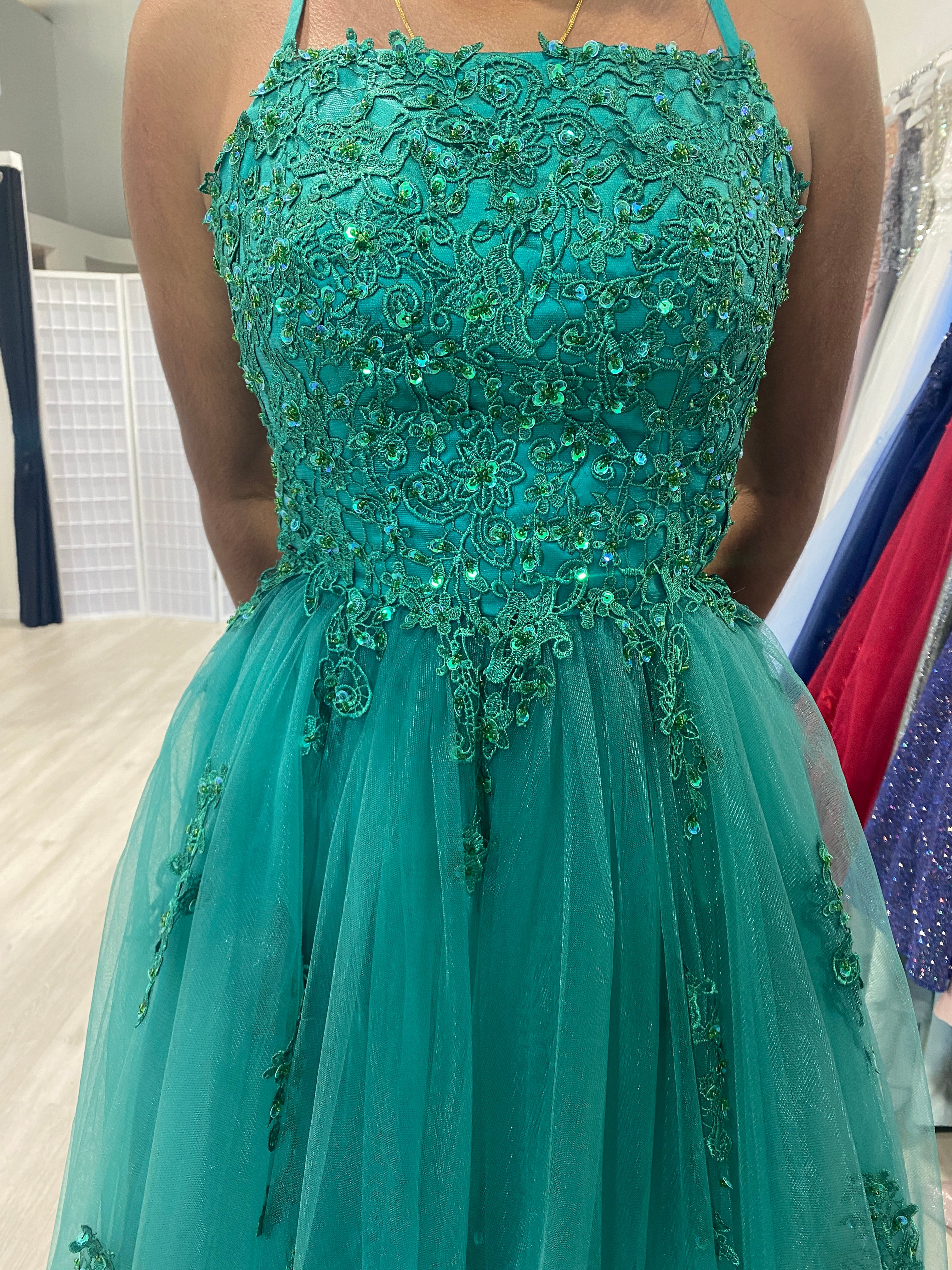 Honey Couture FREYA Beaded Applique Corset Lace Up Back Tulle Skirt Formal Dress