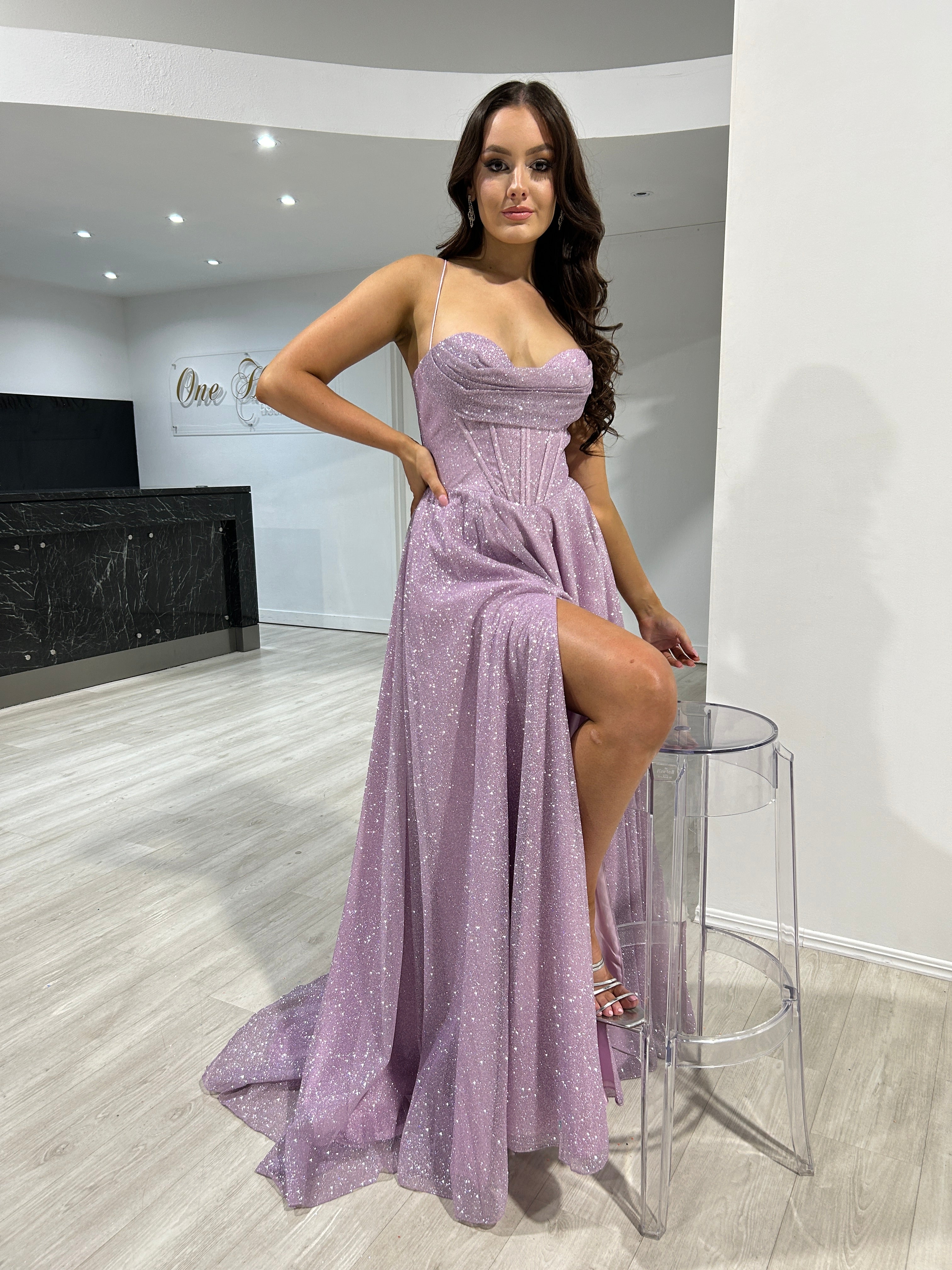 Honey Couture DREYA Lavender Purple Glitter Ball Gown Formal Dress